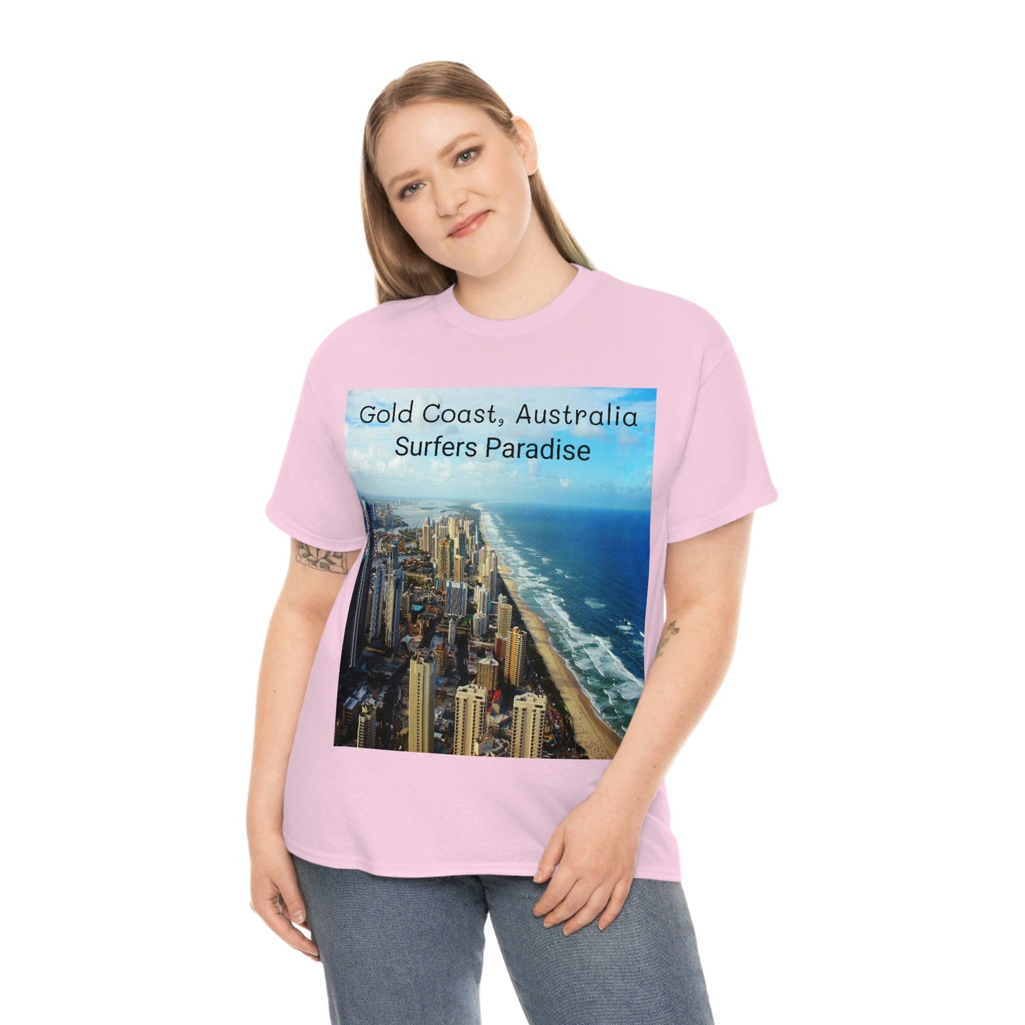 AU-PRINT UNISEX GILDAN 5000 - Heavy Cotton Tee - Gold Coast, Surfer in back - Australia - Printed in AU by The Print Bar - Green Forest Home