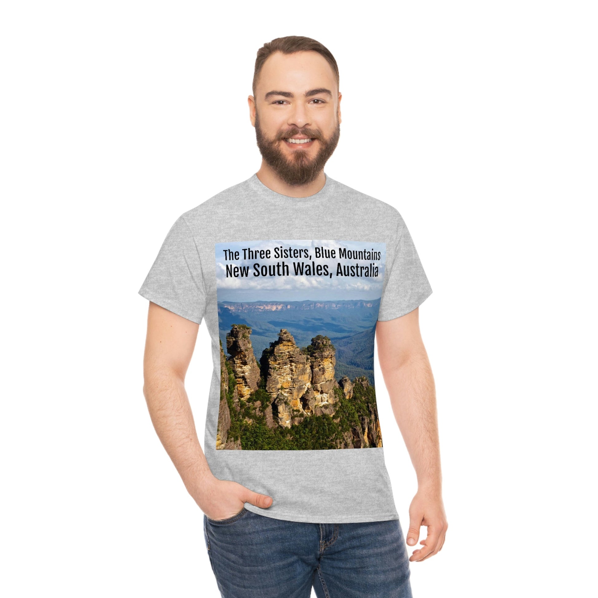 AU-PRINT UNISEX GILDAN 5000 - Heavy Cotton Tee - The Three Sisters, Blue Mountains, New South Wales, Australia - Printed in AU by The Print Bar - Green Forest Home