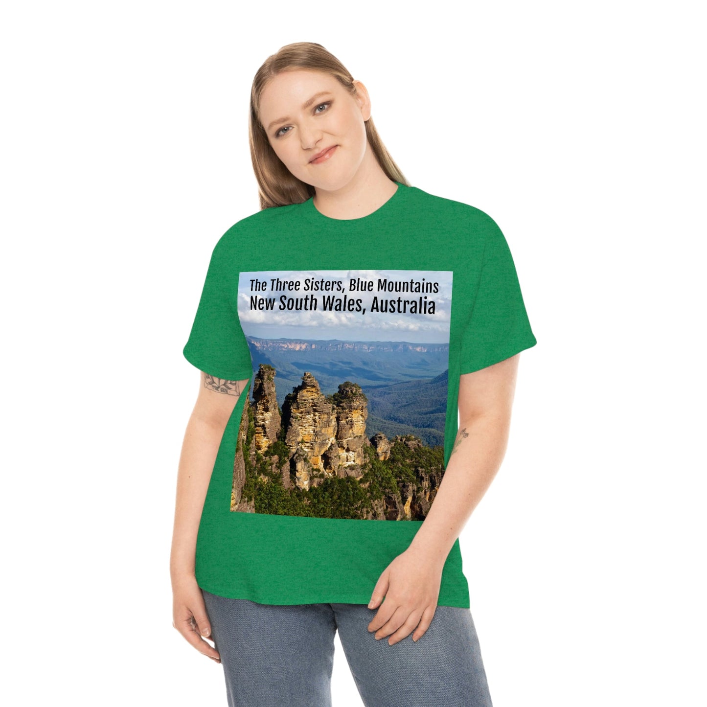 AU-PRINT UNISEX GILDAN 5000 - Heavy Cotton Tee - The Three Sisters, Blue Mountains, New South Wales, Australia - Printed in AU by The Print Bar - Green Forest Home