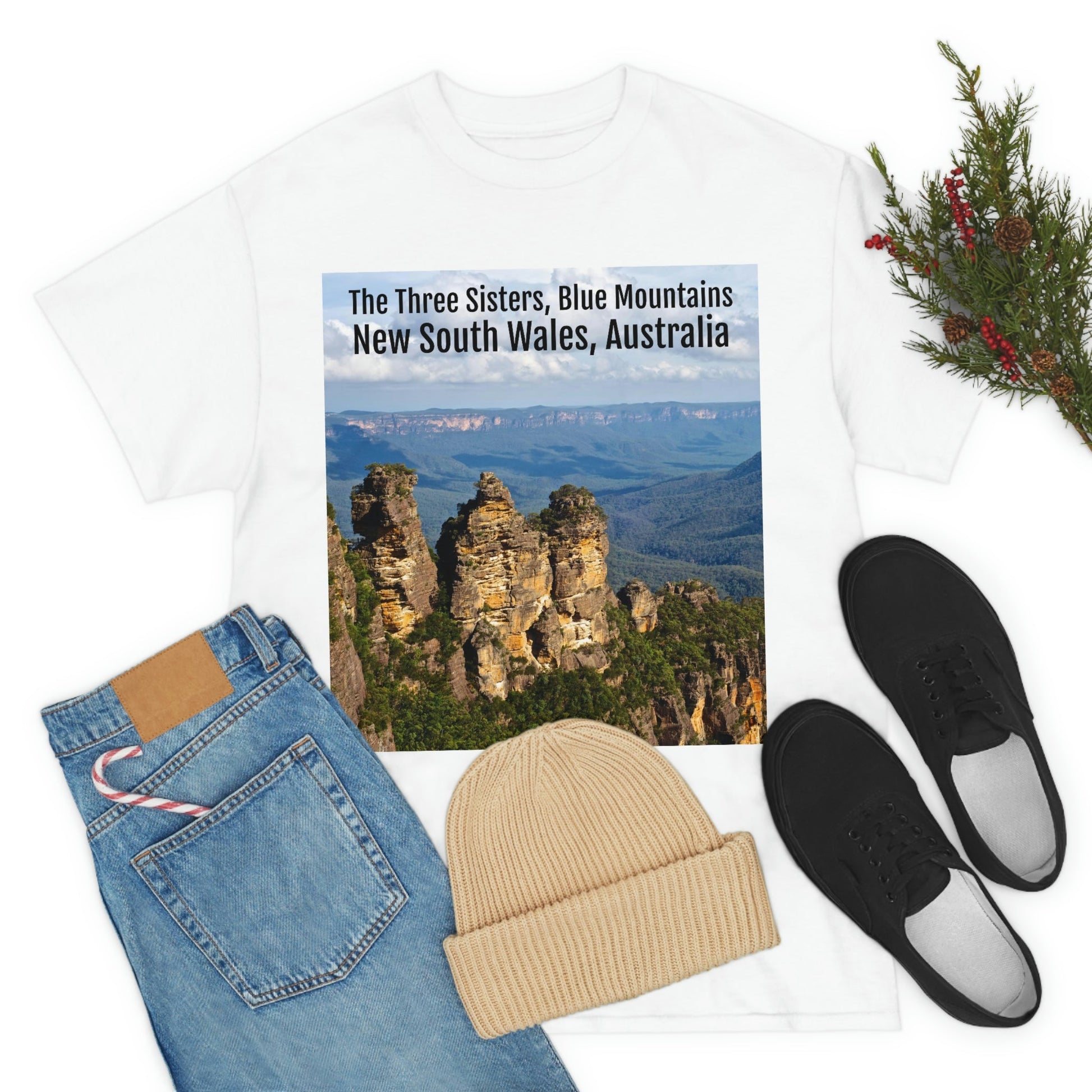 AU-PRINT UNISEX GILDAN 5000 - Heavy Cotton Tee - The Three Sisters, Blue Mountains, New South Wales, Australia - Printed in AU by The Print Bar - Green Forest Home