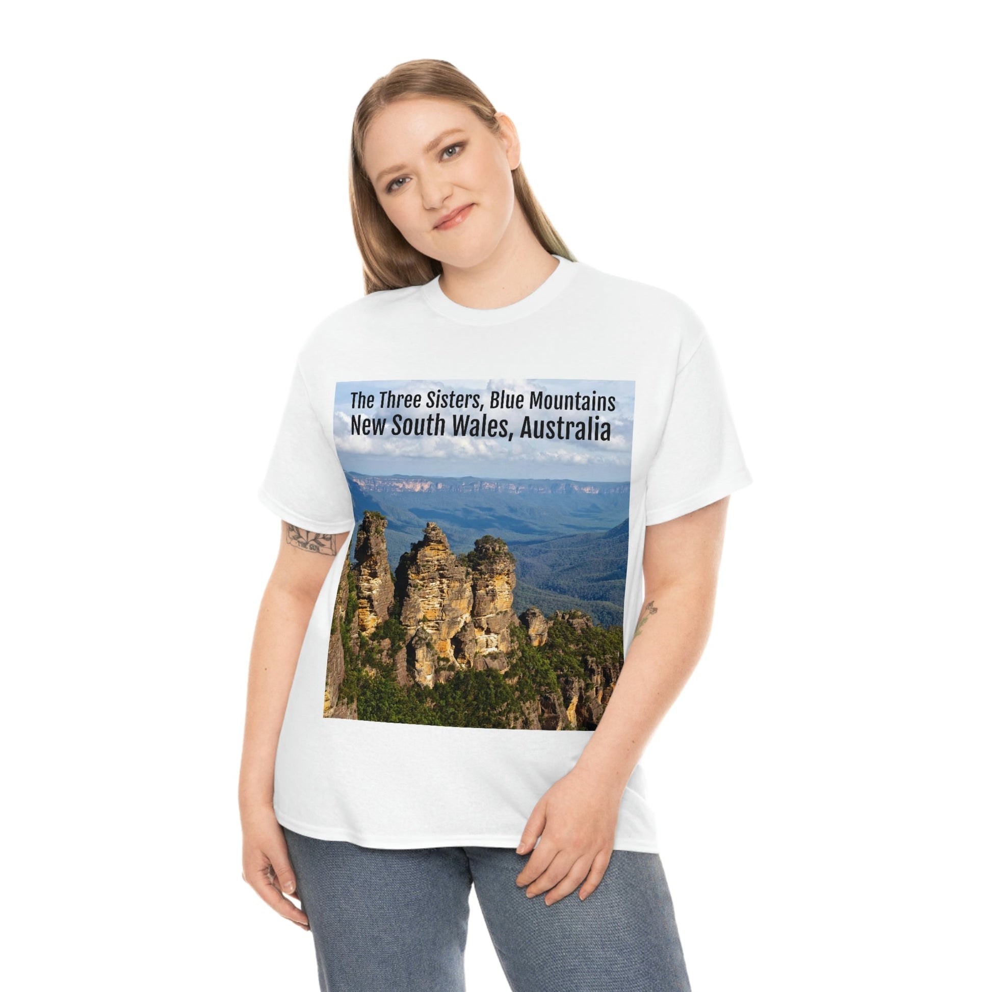 AU-PRINT UNISEX GILDAN 5000 - Heavy Cotton Tee - The Three Sisters, Blue Mountains, New South Wales, Australia - Printed in AU by The Print Bar - Green Forest Home