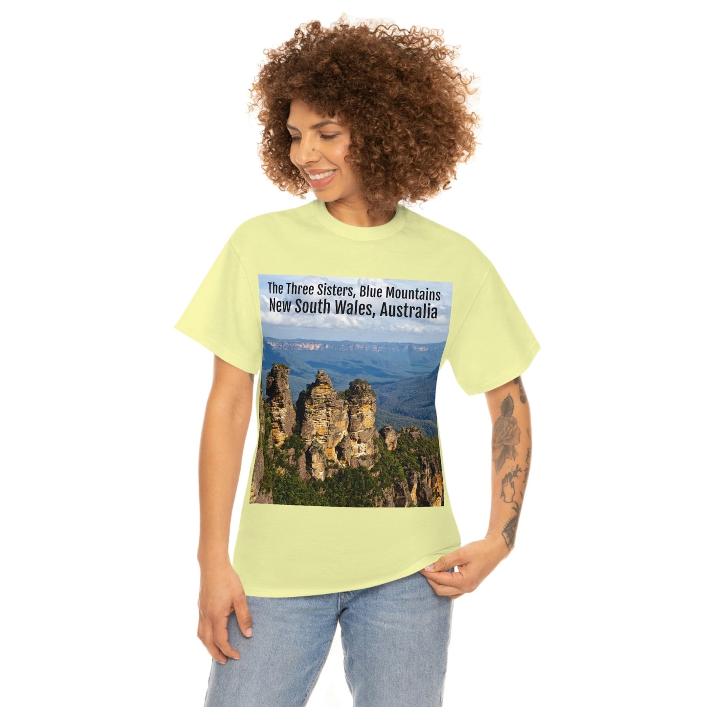 AU-PRINT UNISEX GILDAN 5000 - Heavy Cotton Tee - The Three Sisters, Blue Mountains, New South Wales, Australia - Printed in AU by The Print Bar - Green Forest Home