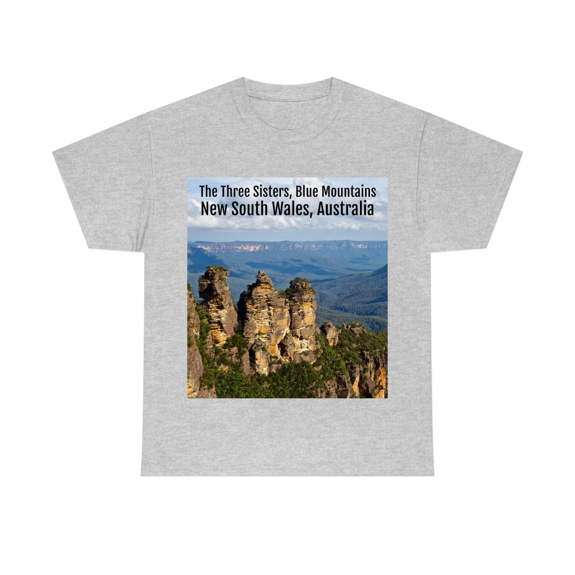 AU-PRINT UNISEX GILDAN 5000 - Heavy Cotton Tee - The Three Sisters, Blue Mountains, New South Wales, Australia - Printed in AU by The Print Bar - Green Forest Home