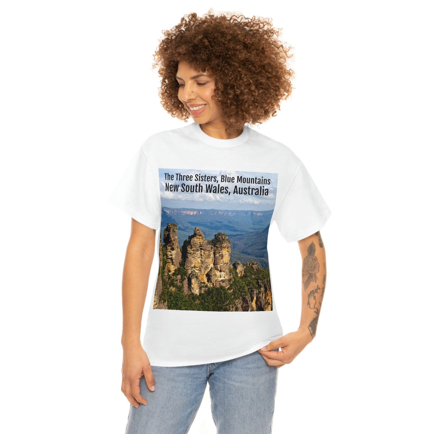 AU-PRINT UNISEX GILDAN 5000 - Heavy Cotton Tee - The Three Sisters, Blue Mountains, New South Wales, Australia - Printed in AU by The Print Bar - Green Forest Home