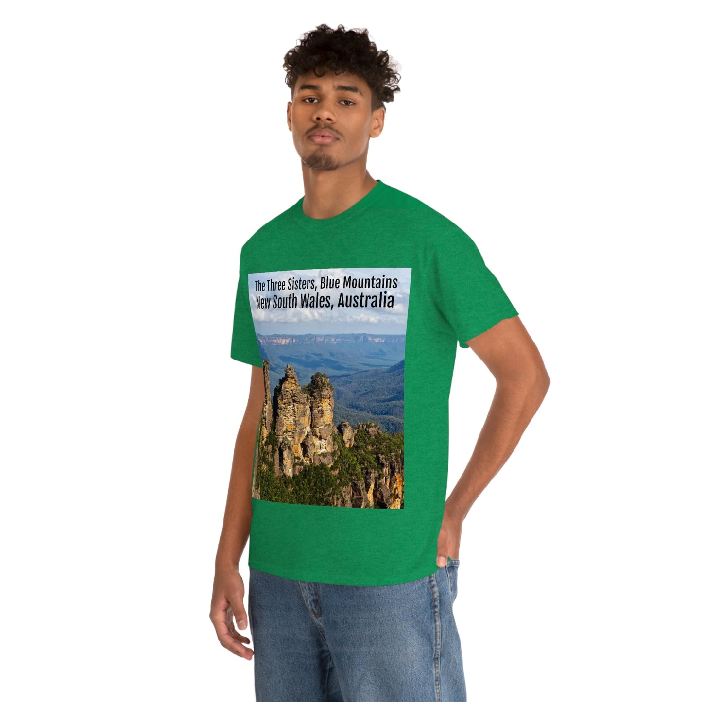 AU-PRINT UNISEX GILDAN 5000 - Heavy Cotton Tee - The Three Sisters, Blue Mountains, New South Wales, Australia - Printed in AU by The Print Bar - Green Forest Home