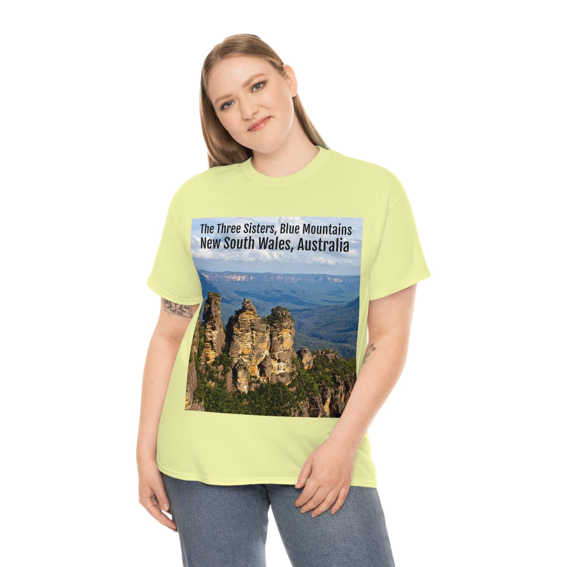 AU-PRINT UNISEX GILDAN 5000 - Heavy Cotton Tee - The Three Sisters, Blue Mountains, New South Wales, Australia - Printed in AU by The Print Bar - Green Forest Home