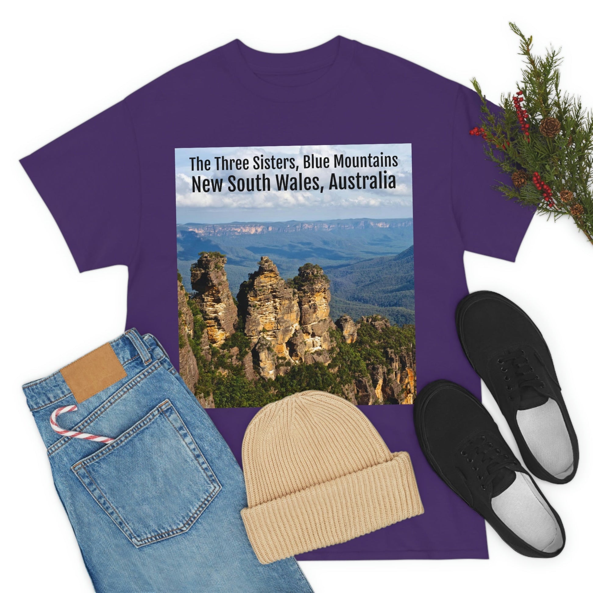 AU-PRINT UNISEX GILDAN 5000 - Heavy Cotton Tee - The Three Sisters, Blue Mountains, New South Wales, Australia - Printed in AU by The Print Bar - Green Forest Home