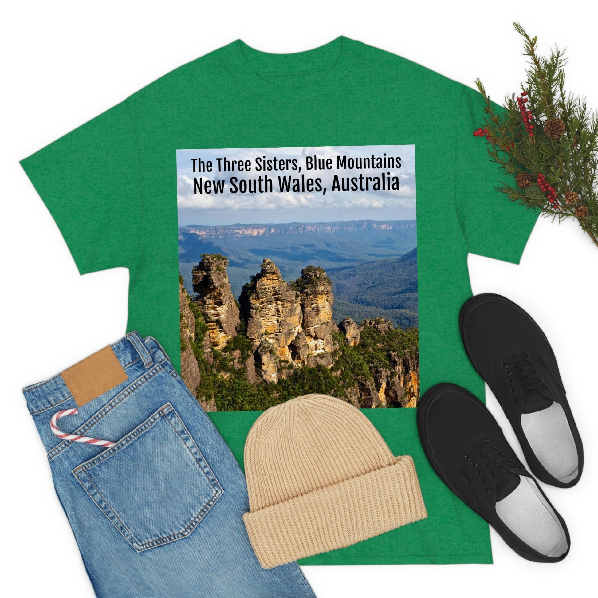 AU-PRINT UNISEX GILDAN 5000 - Heavy Cotton Tee - The Three Sisters, Blue Mountains, New South Wales, Australia - Printed in AU by The Print Bar - Green Forest Home