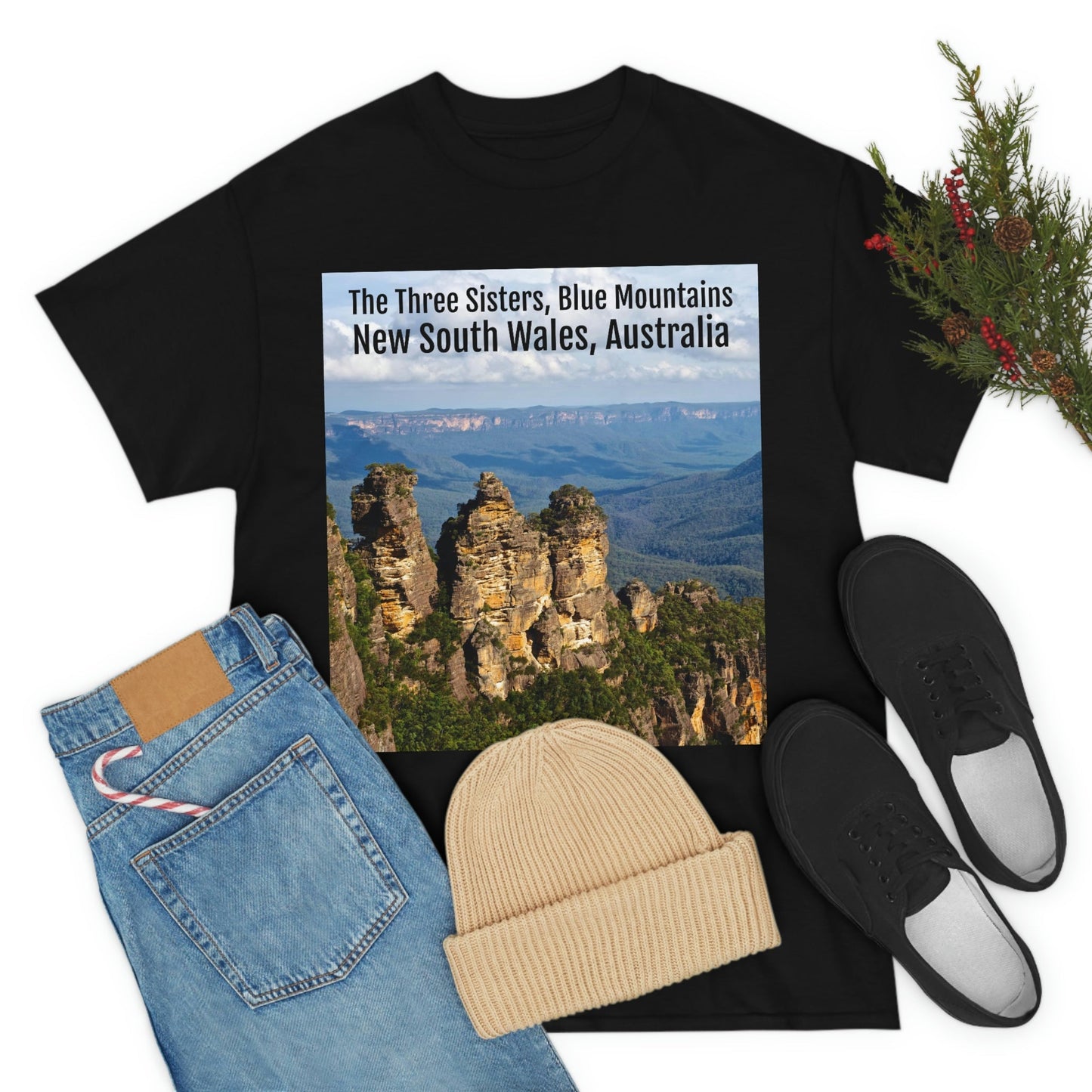 AU-PRINT UNISEX GILDAN 5000 - Heavy Cotton Tee - The Three Sisters, Blue Mountains, New South Wales, Australia - Printed in AU by The Print Bar - Green Forest Home