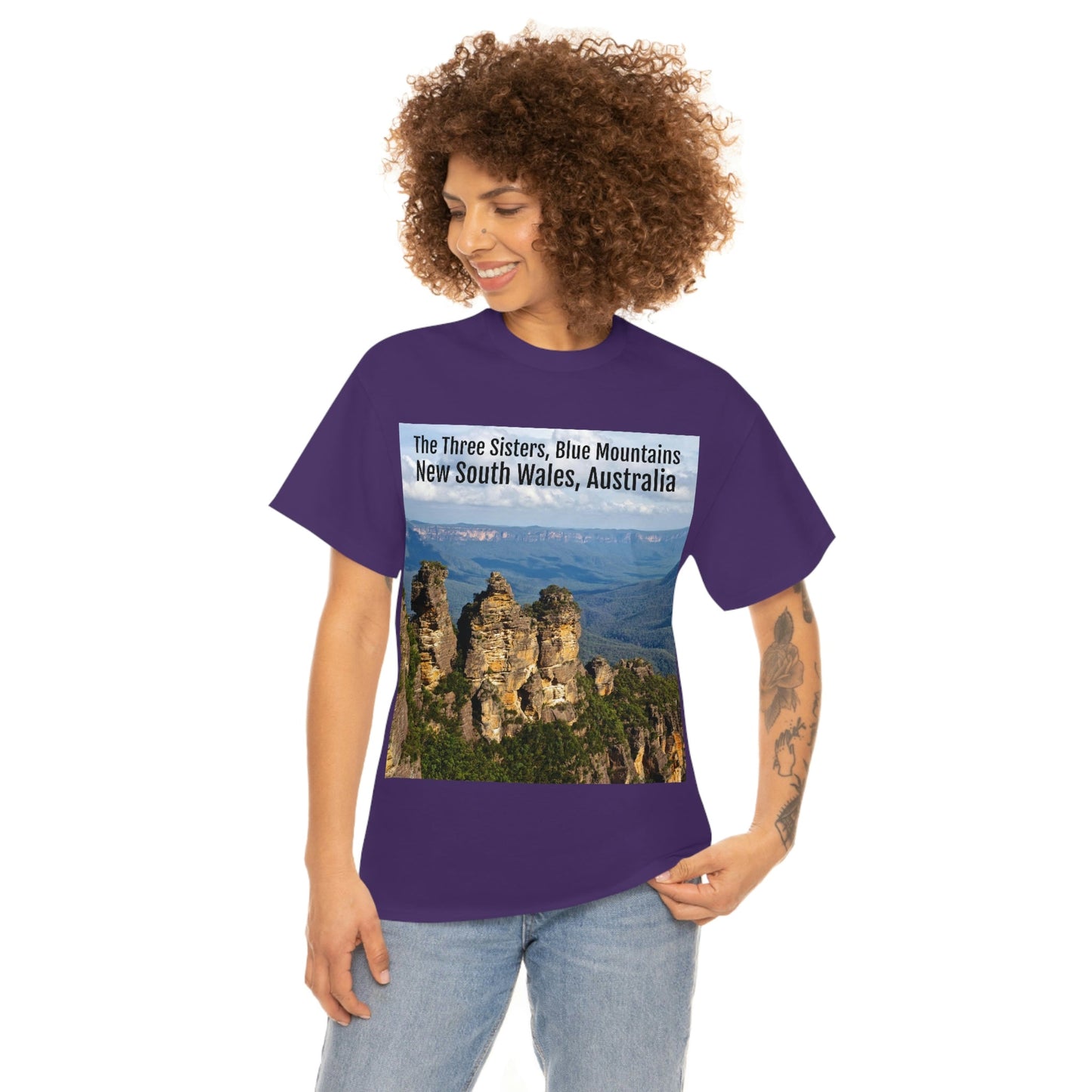 AU-PRINT UNISEX GILDAN 5000 - Heavy Cotton Tee - The Three Sisters, Blue Mountains, New South Wales, Australia - Printed in AU by The Print Bar - Green Forest Home