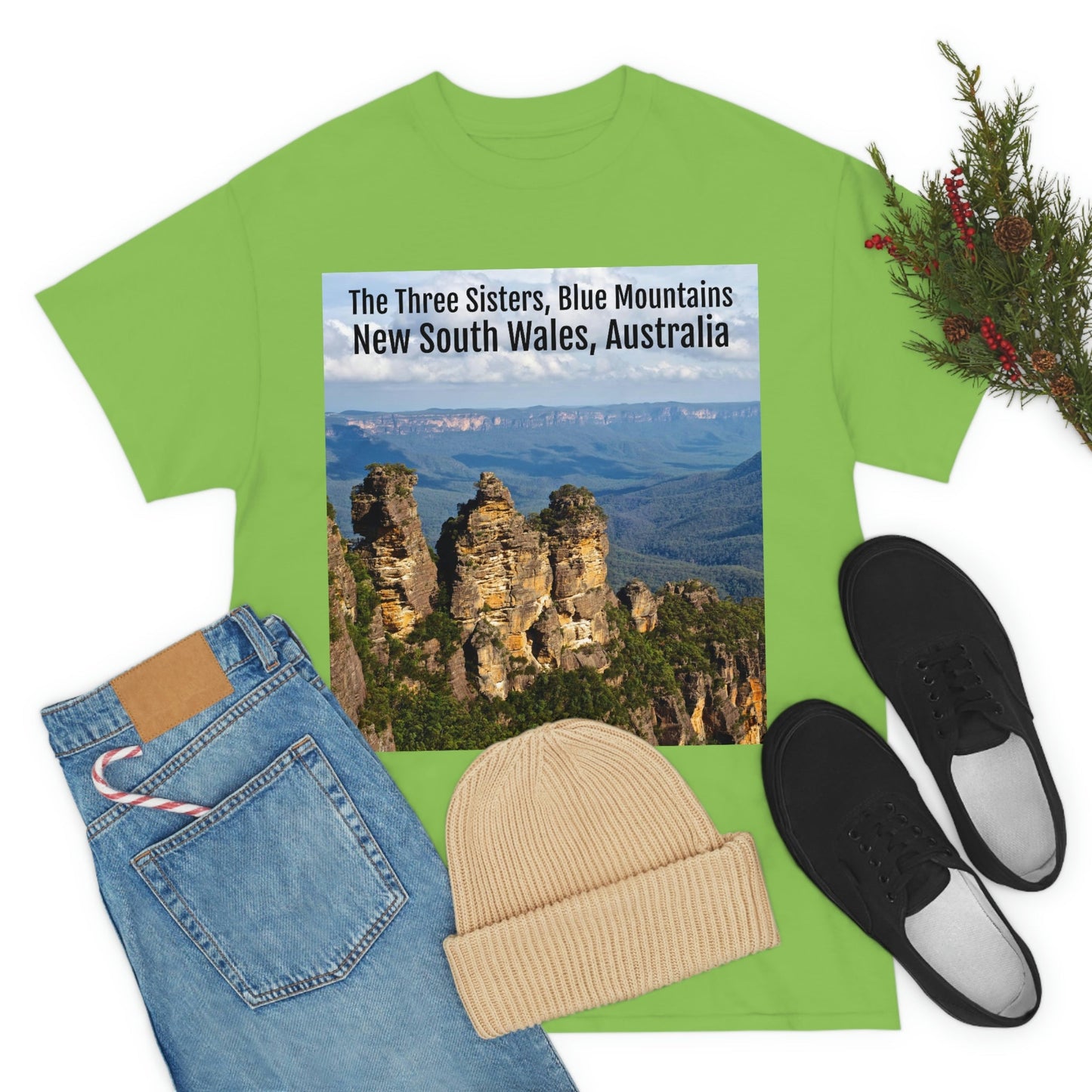 AU-PRINT UNISEX GILDAN 5000 - Heavy Cotton Tee - The Three Sisters, Blue Mountains, New South Wales, Australia - Printed in AU by The Print Bar - Green Forest Home