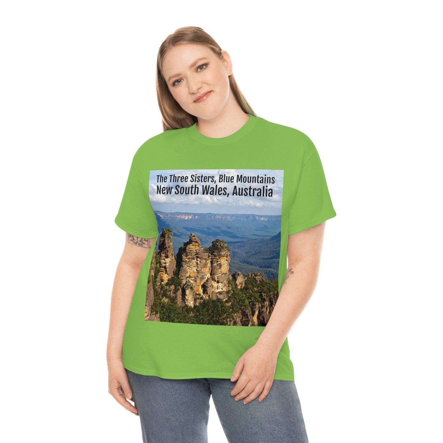 AU-PRINT UNISEX GILDAN 5000 - Heavy Cotton Tee - The Three Sisters, Blue Mountains, New South Wales, Australia - Printed in AU by The Print Bar - Green Forest Home