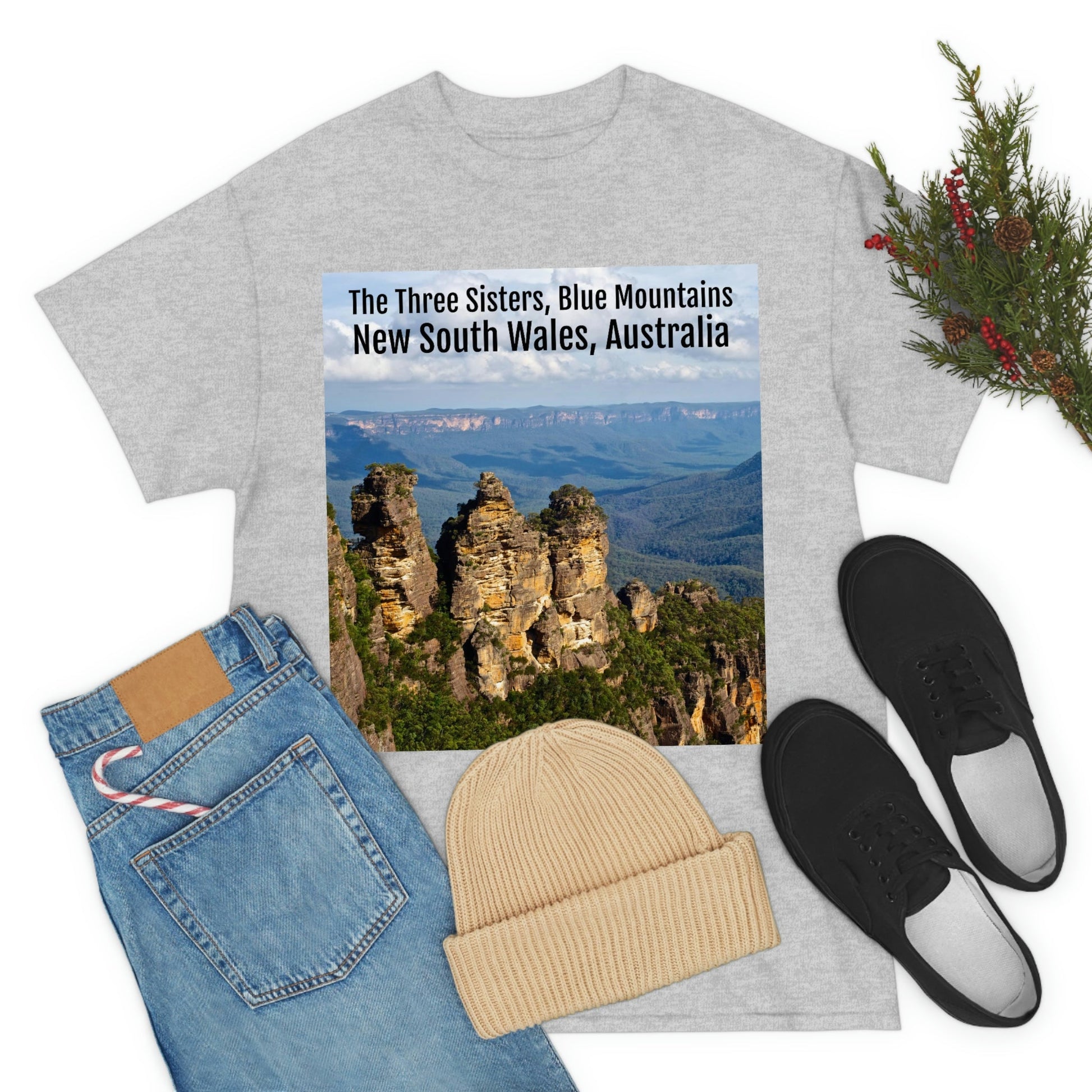 AU-PRINT UNISEX GILDAN 5000 - Heavy Cotton Tee - The Three Sisters, Blue Mountains, New South Wales, Australia - Printed in AU by The Print Bar - Green Forest Home