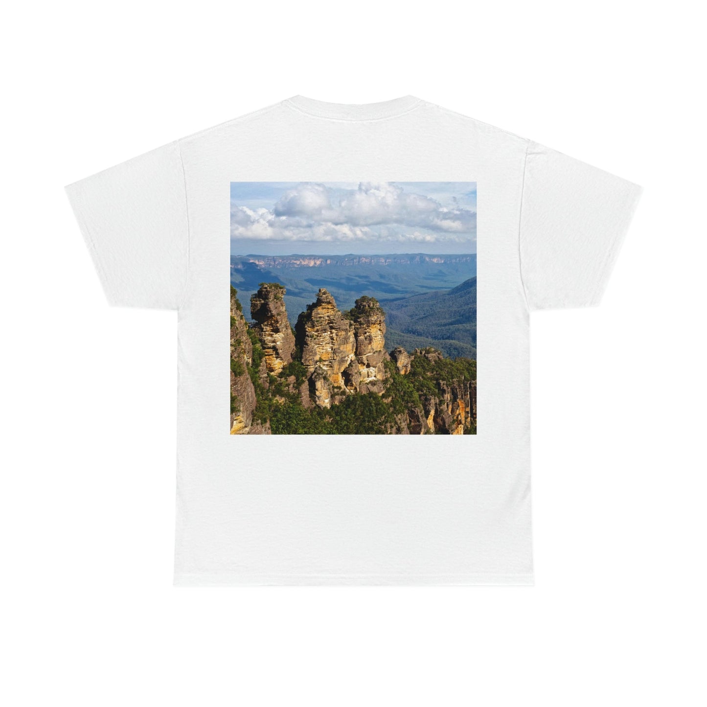 AU-PRINT UNISEX GILDAN 5000 - Heavy Cotton Tee - The Three Sisters, Blue Mountains, New South Wales, Australia - Printed in AU by The Print Bar - Green Forest Home