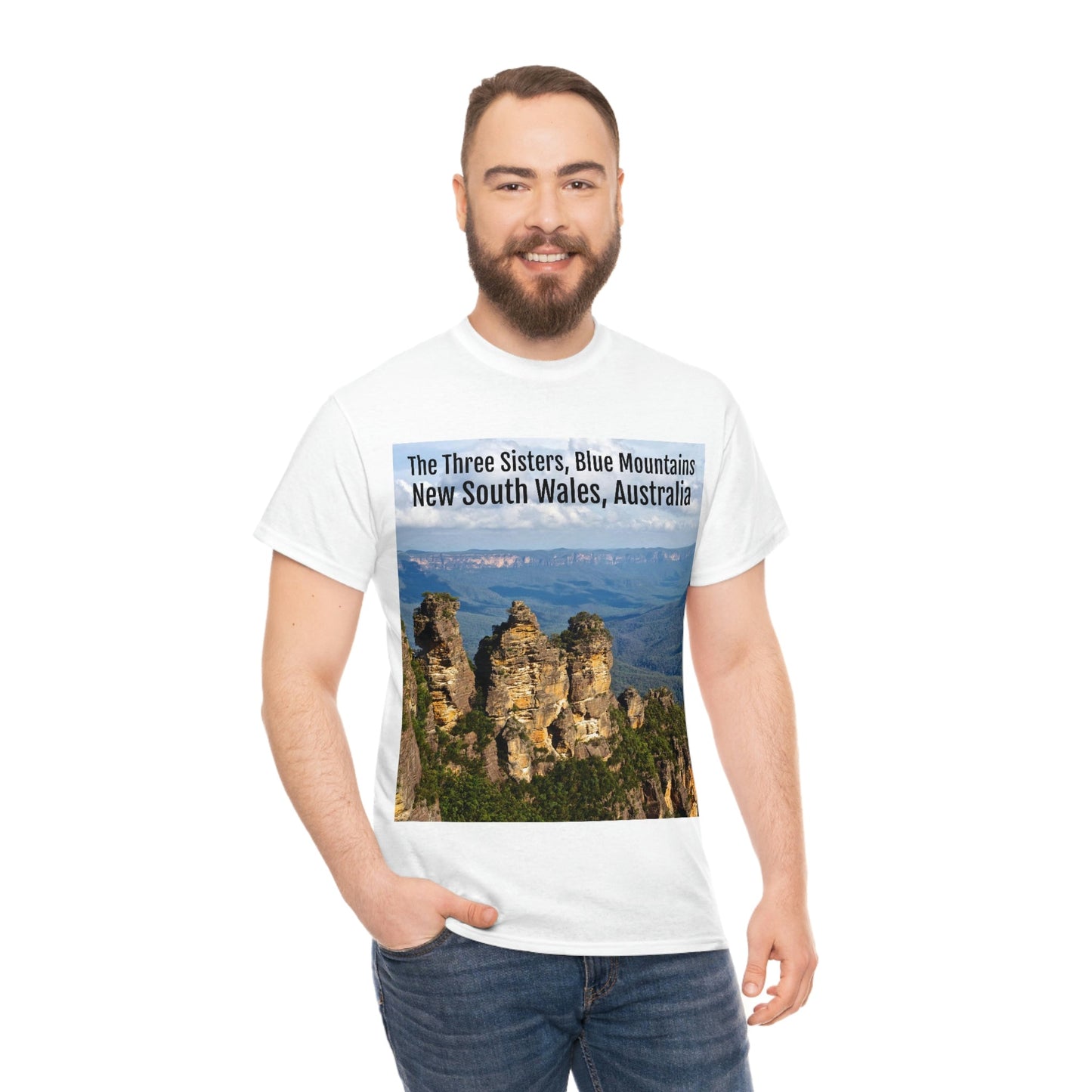 AU-PRINT UNISEX GILDAN 5000 - Heavy Cotton Tee - The Three Sisters, Blue Mountains, New South Wales, Australia - Printed in AU by The Print Bar - Green Forest Home