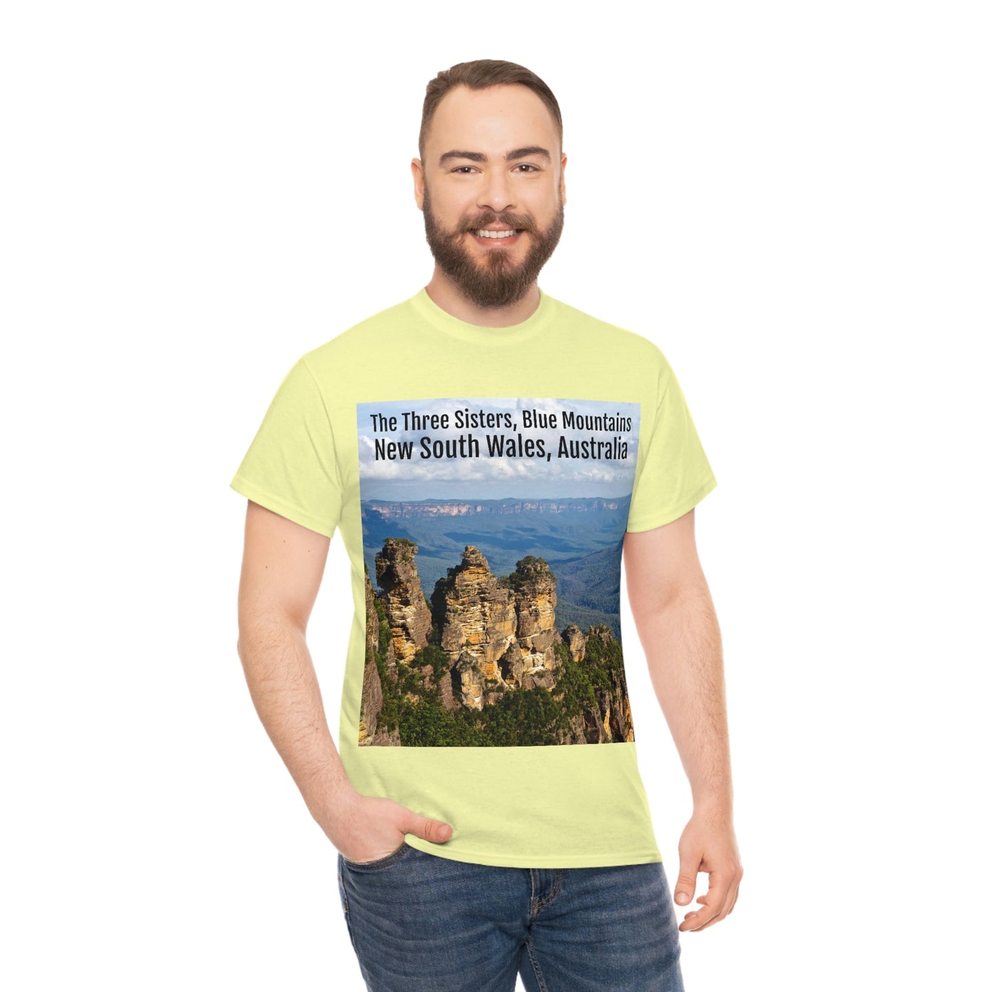 AU-PRINT UNISEX GILDAN 5000 - Heavy Cotton Tee - The Three Sisters, Blue Mountains, New South Wales, Australia - Printed in AU by The Print Bar - Green Forest Home