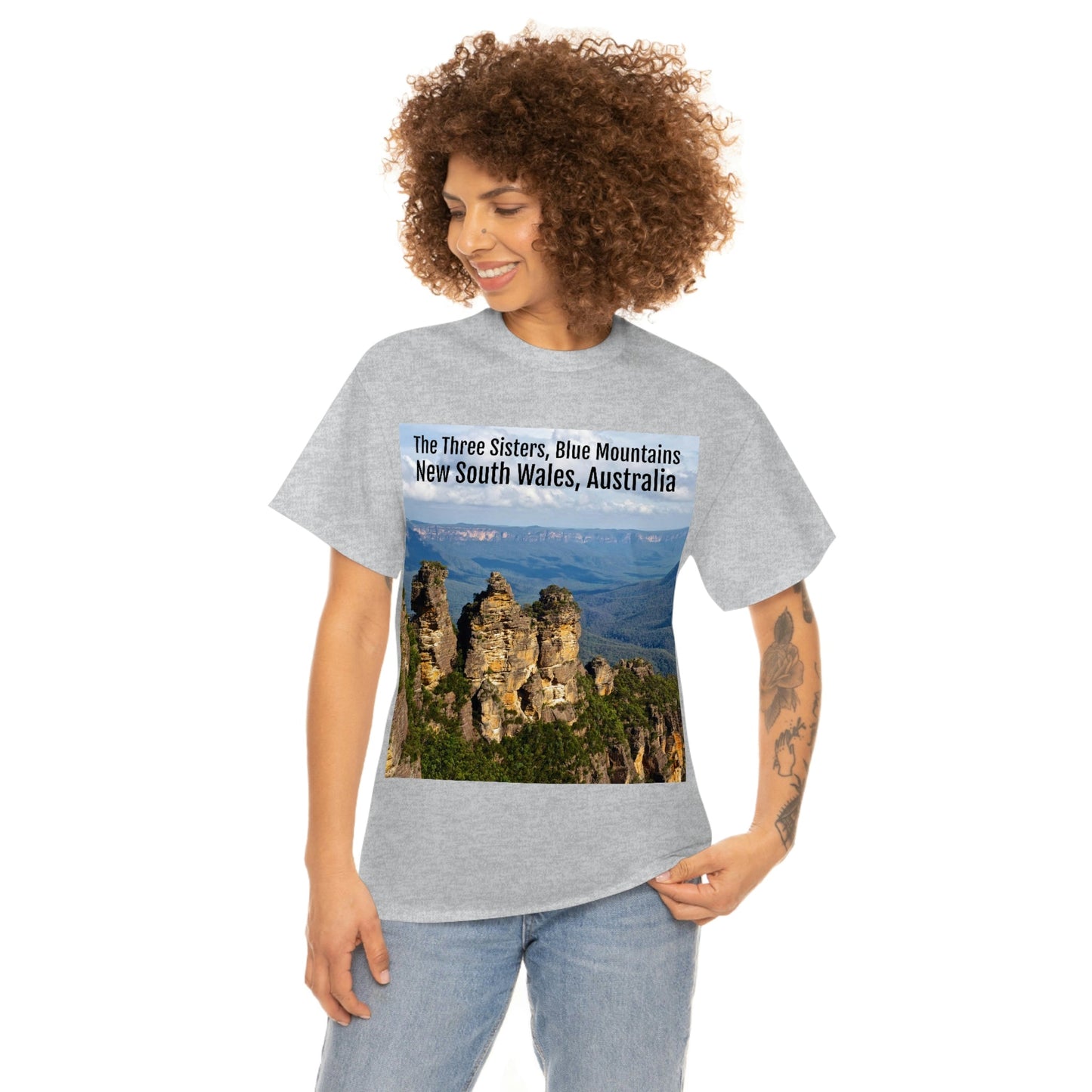 AU-PRINT UNISEX GILDAN 5000 - Heavy Cotton Tee - The Three Sisters, Blue Mountains, New South Wales, Australia - Printed in AU by The Print Bar - Green Forest Home