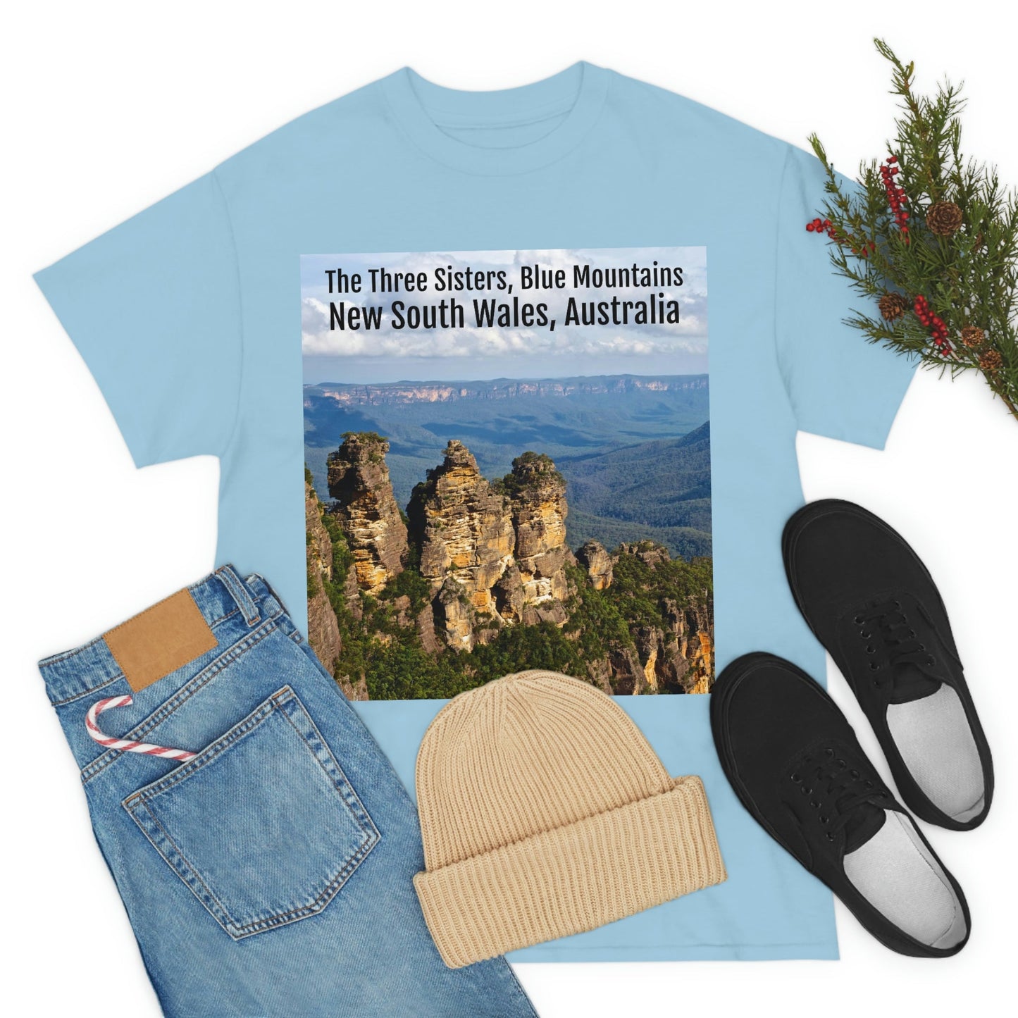 AU-PRINT UNISEX GILDAN 5000 - Heavy Cotton Tee - The Three Sisters, Blue Mountains, New South Wales, Australia - Printed in AU by The Print Bar - Green Forest Home