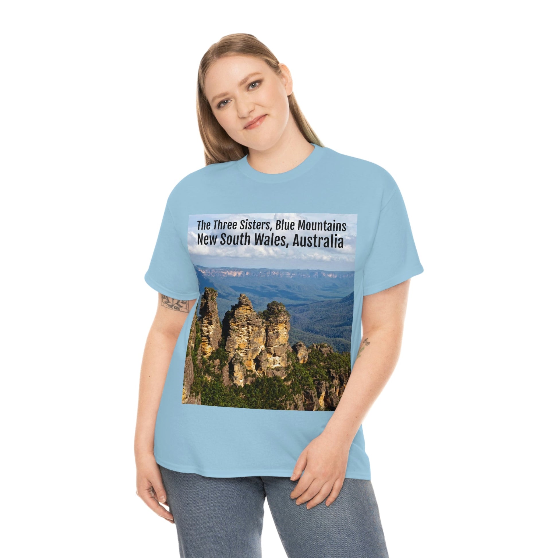 AU-PRINT UNISEX GILDAN 5000 - Heavy Cotton Tee - The Three Sisters, Blue Mountains, New South Wales, Australia - Printed in AU by The Print Bar - Green Forest Home