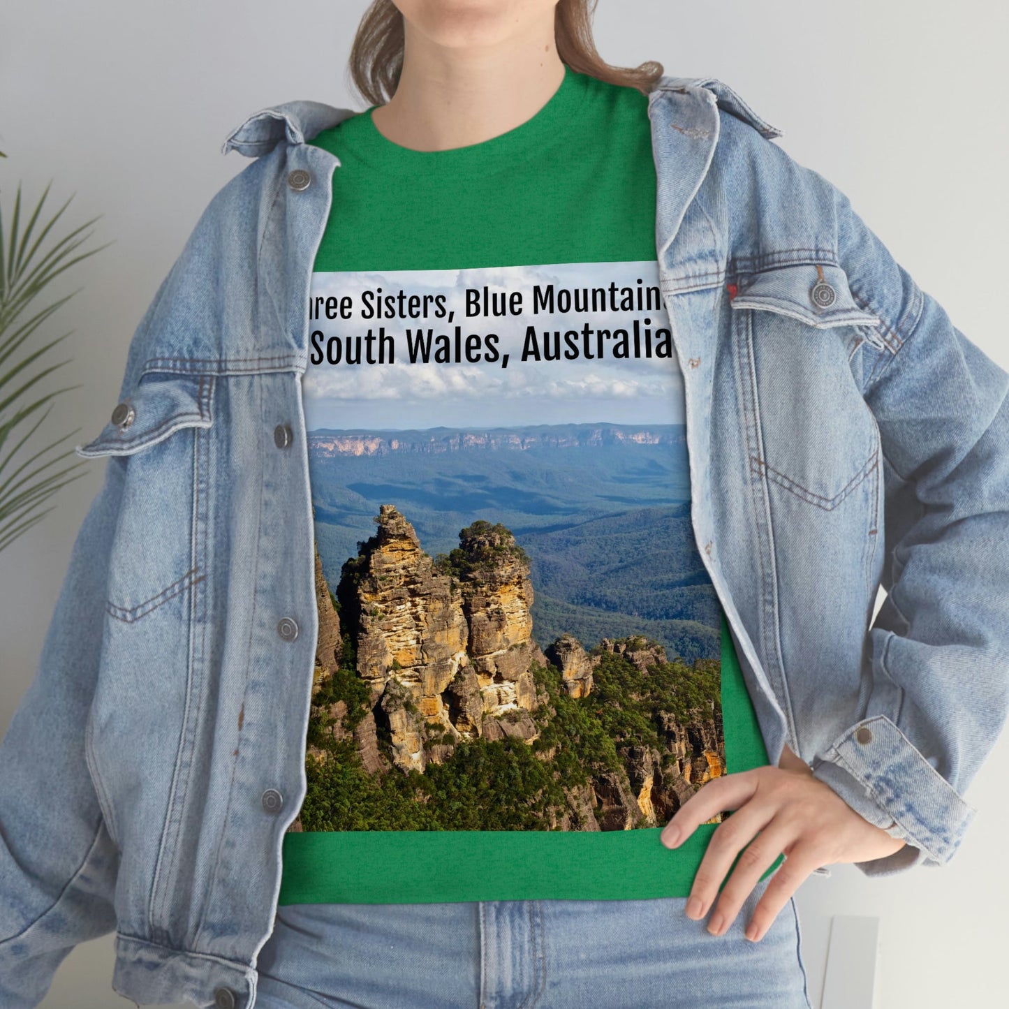 AU-PRINT UNISEX GILDAN 5000 - Heavy Cotton Tee - The Three Sisters, Blue Mountains, New South Wales, Australia - Printed in AU by The Print Bar - Green Forest Home