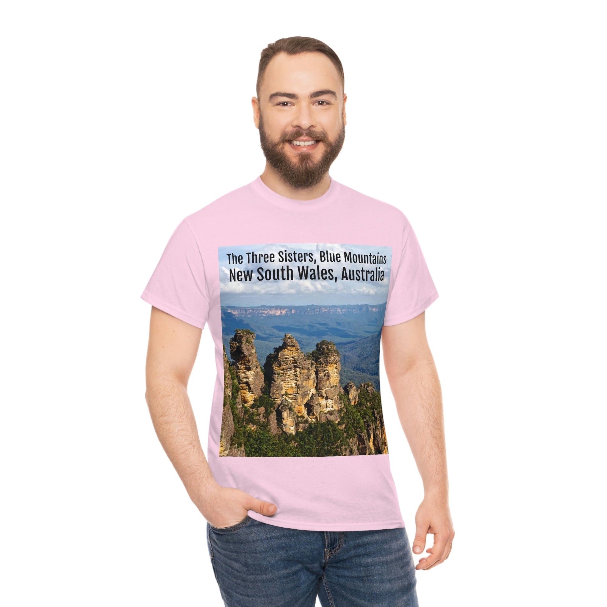 AU-PRINT UNISEX GILDAN 5000 - Heavy Cotton Tee - The Three Sisters, Blue Mountains, New South Wales, Australia - Printed in AU by The Print Bar - Green Forest Home