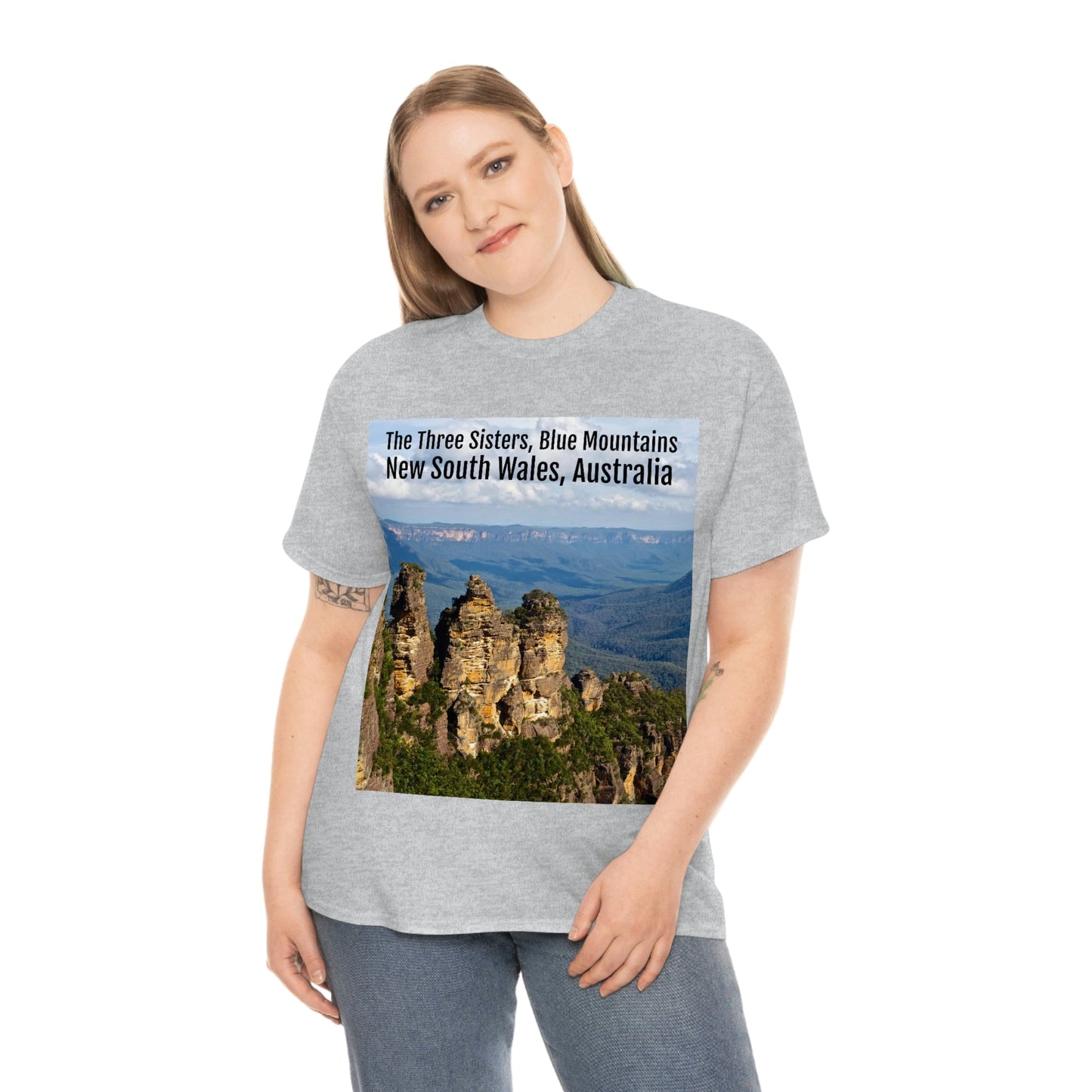 AU-PRINT UNISEX GILDAN 5000 - Heavy Cotton Tee - The Three Sisters, Blue Mountains, New South Wales, Australia - Printed in AU by The Print Bar - Green Forest Home