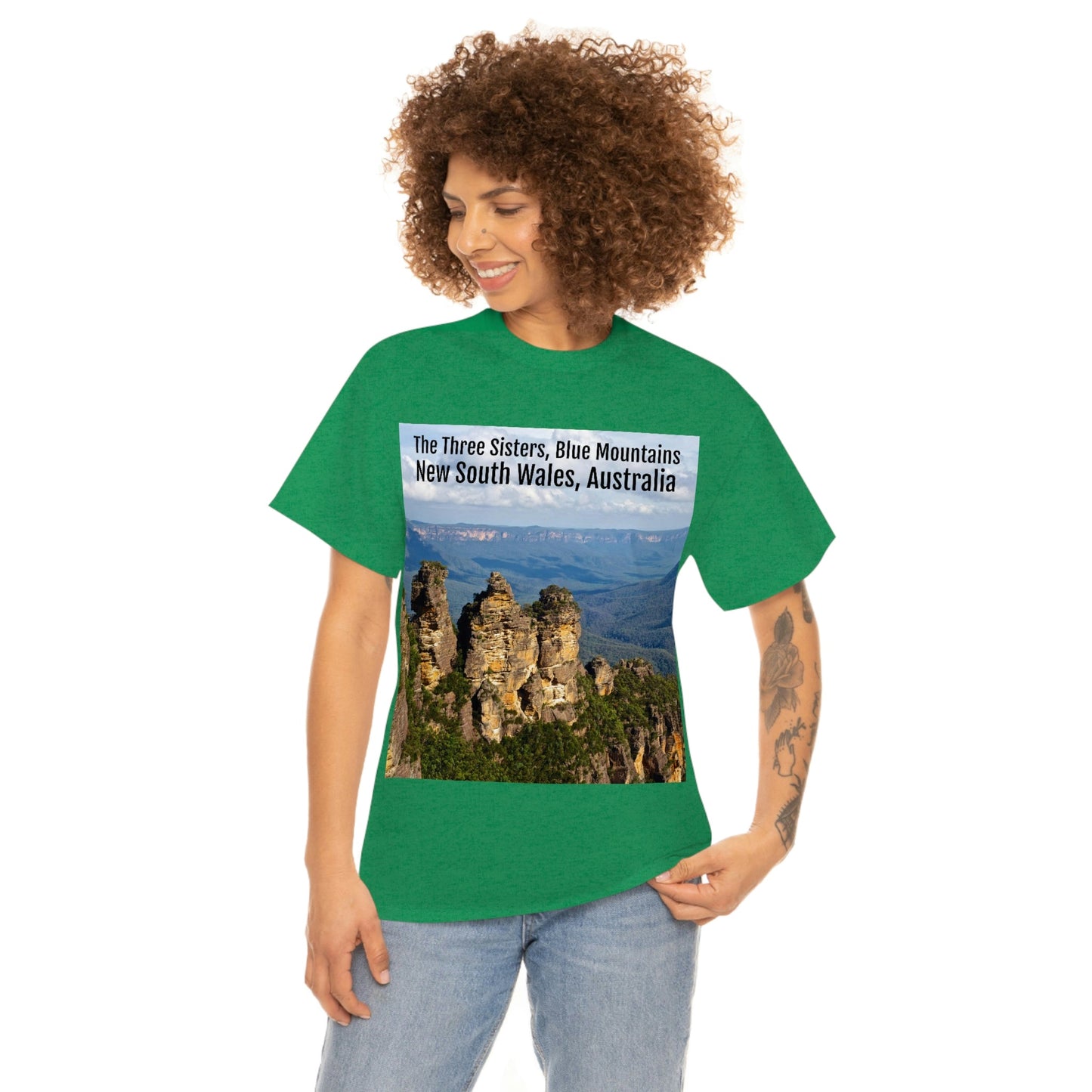 AU-PRINT UNISEX GILDAN 5000 - Heavy Cotton Tee - The Three Sisters, Blue Mountains, New South Wales, Australia - Printed in AU by The Print Bar - Green Forest Home