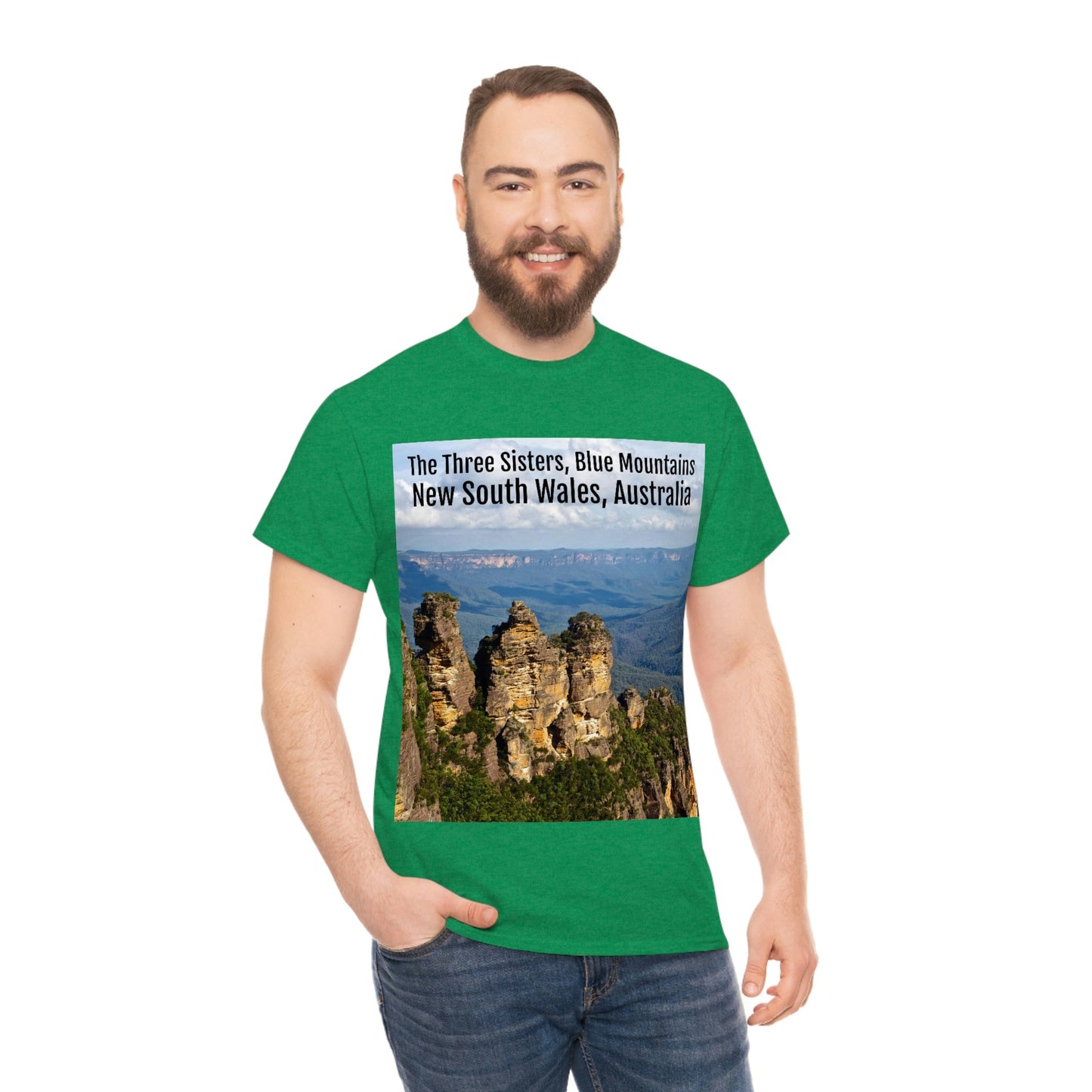 AU-PRINT UNISEX GILDAN 5000 - Heavy Cotton Tee - The Three Sisters, Blue Mountains, New South Wales, Australia - Printed in AU by The Print Bar - Green Forest Home