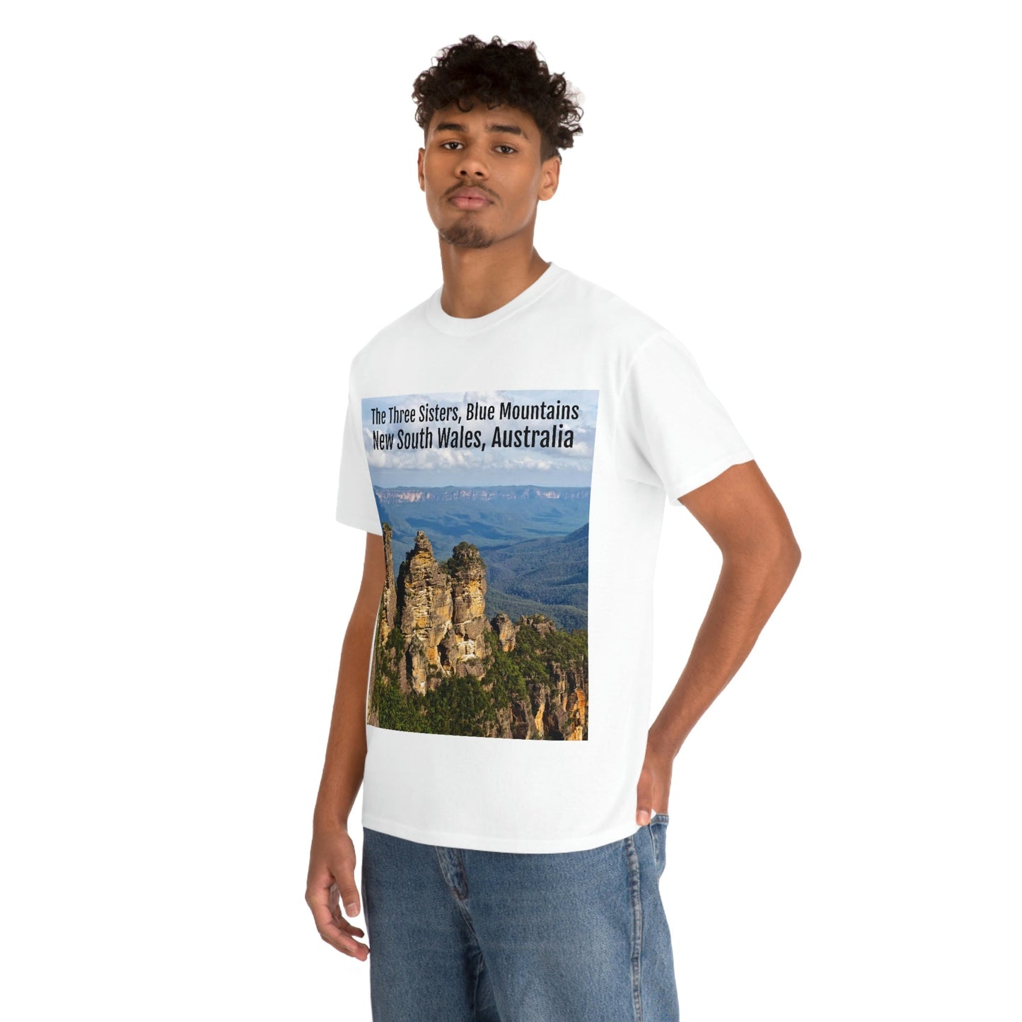 AU-PRINT UNISEX GILDAN 5000 - Heavy Cotton Tee - The Three Sisters, Blue Mountains, New South Wales, Australia - Printed in AU by The Print Bar - Green Forest Home