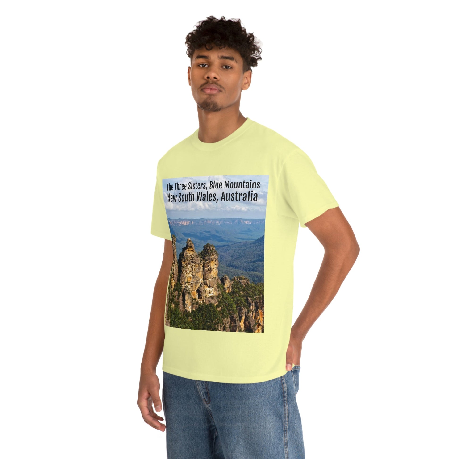 AU-PRINT UNISEX GILDAN 5000 - Heavy Cotton Tee - The Three Sisters, Blue Mountains, New South Wales, Australia - Printed in AU by The Print Bar - Green Forest Home