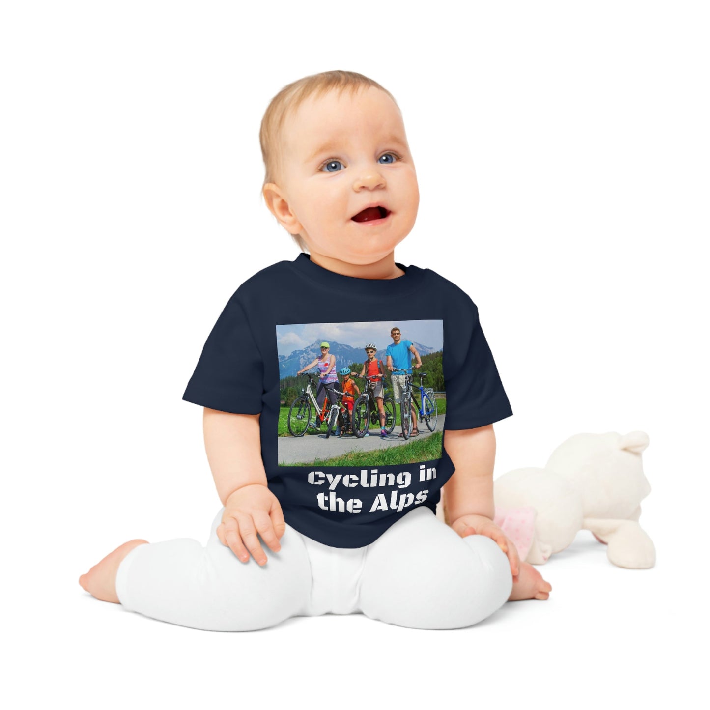 Baby Organic T-Shirt - Family cycles in the Alps - Mountain bikers into an forest in Ireland - Europe - Printed in EU - Green Forest Home