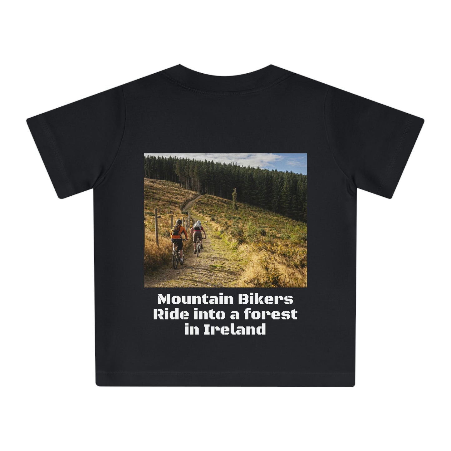 Baby Organic T-Shirt - Family cycles in the Alps - Mountain bikers into an forest in Ireland - Europe - Printed in EU - Green Forest Home