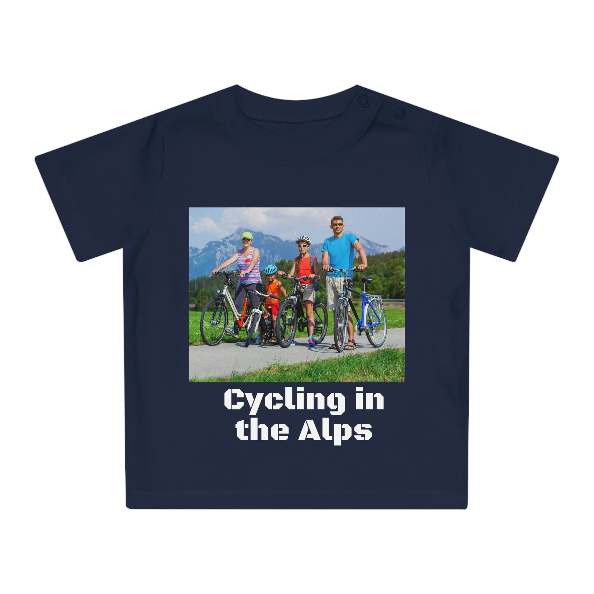 Baby Organic T-Shirt - Family cycles in the Alps - Mountain bikers into an forest in Ireland - Europe - Printed in EU - Green Forest Home