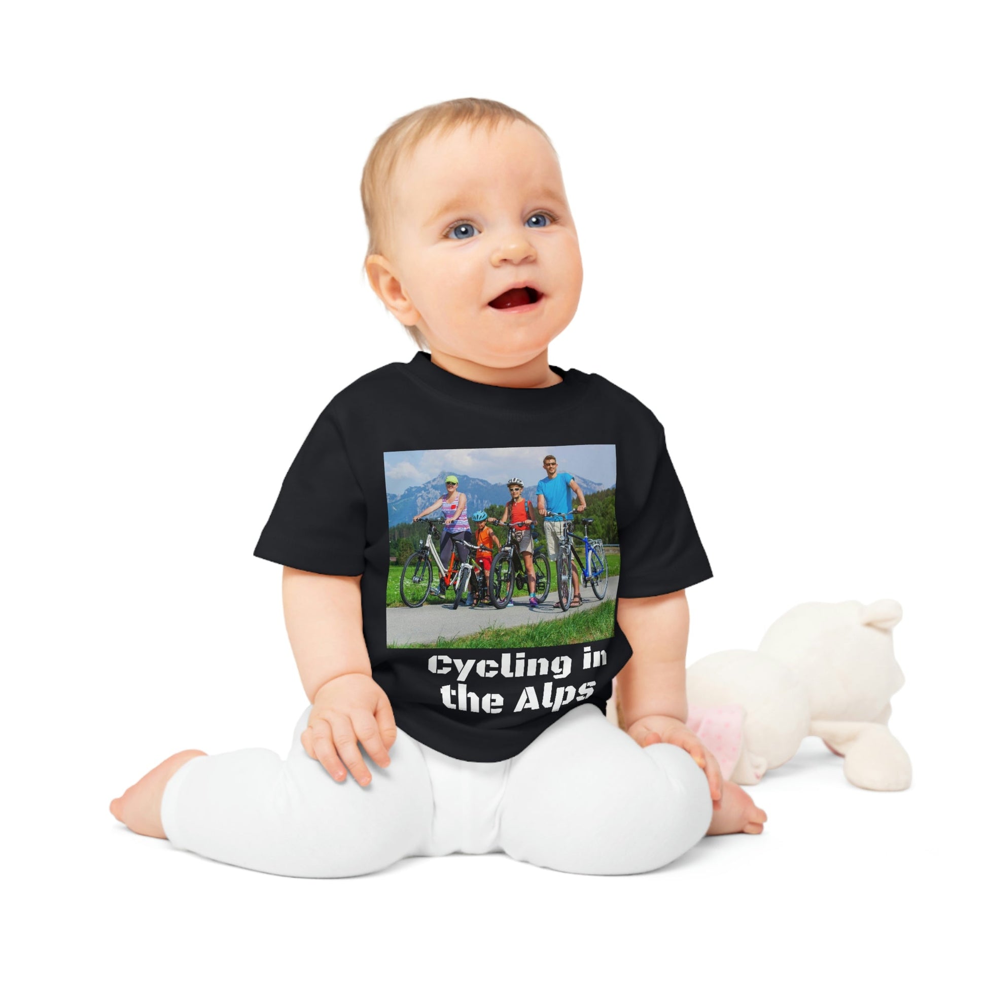 Baby Organic T-Shirt - Family cycles in the Alps - Mountain bikers into an forest in Ireland - Europe - Printed in EU - Green Forest Home