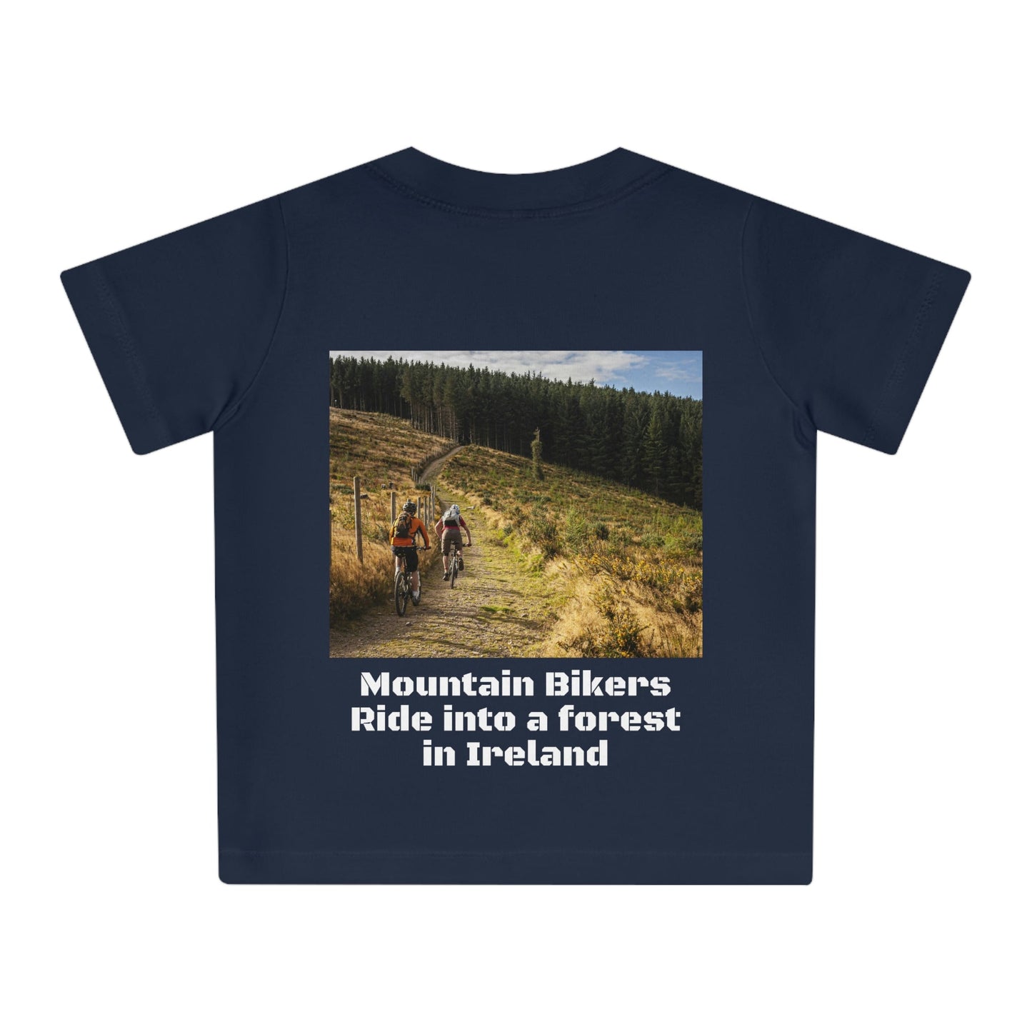 Baby Organic T-Shirt - Family cycles in the Alps - Mountain bikers into an forest in Ireland - Europe - Printed in EU - Green Forest Home