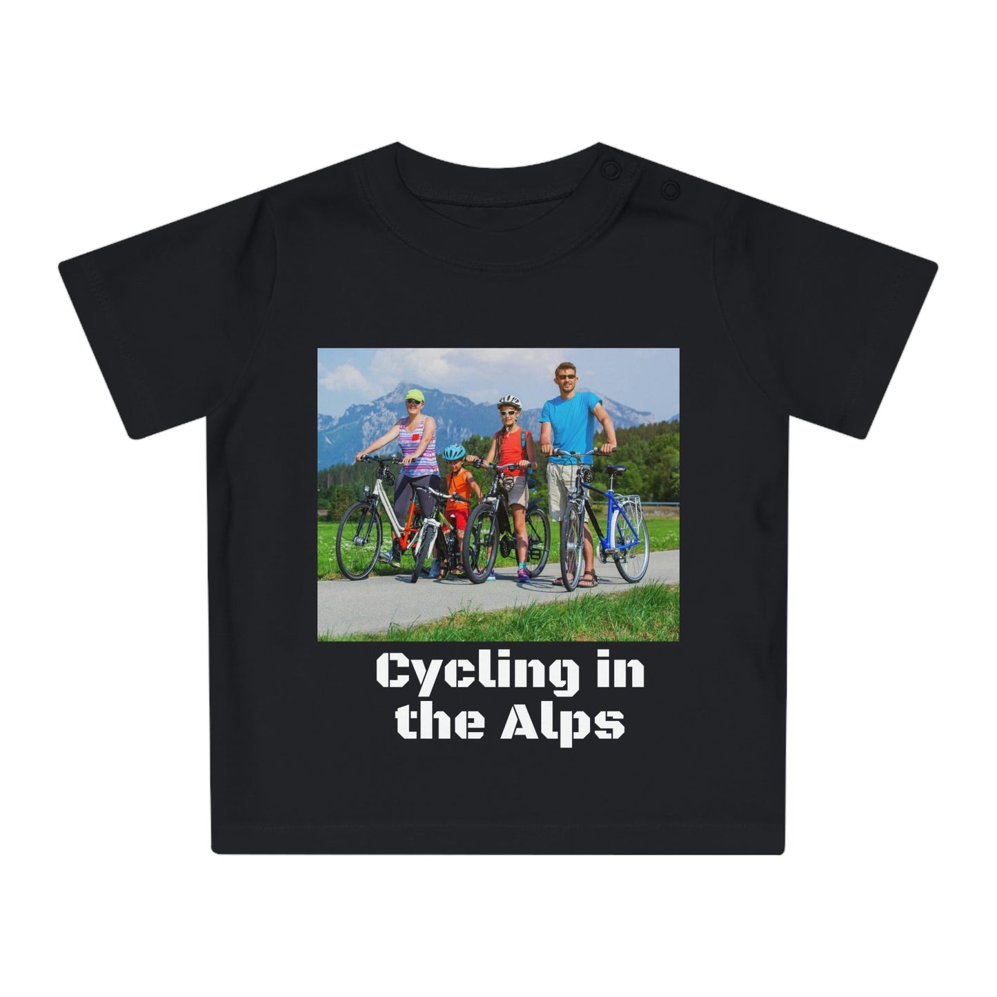 Baby Organic T-Shirt - Family cycles in the Alps - Mountain bikers into an forest in Ireland - Europe - Printed in EU - Green Forest Home