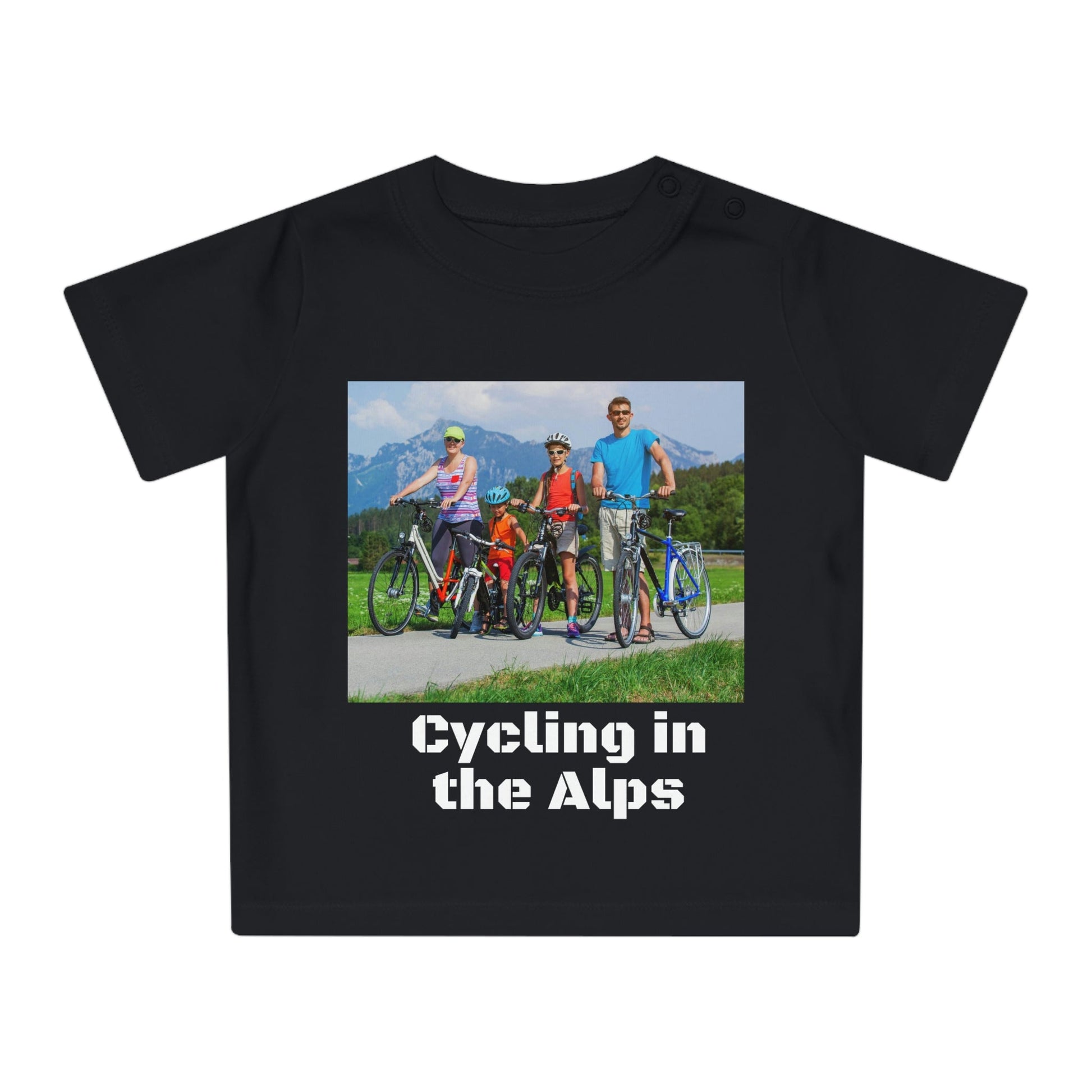 Baby Organic T-Shirt - Family cycles in the Alps - Mountain bikers into an forest in Ireland - Europe - Printed in EU - Green Forest Home