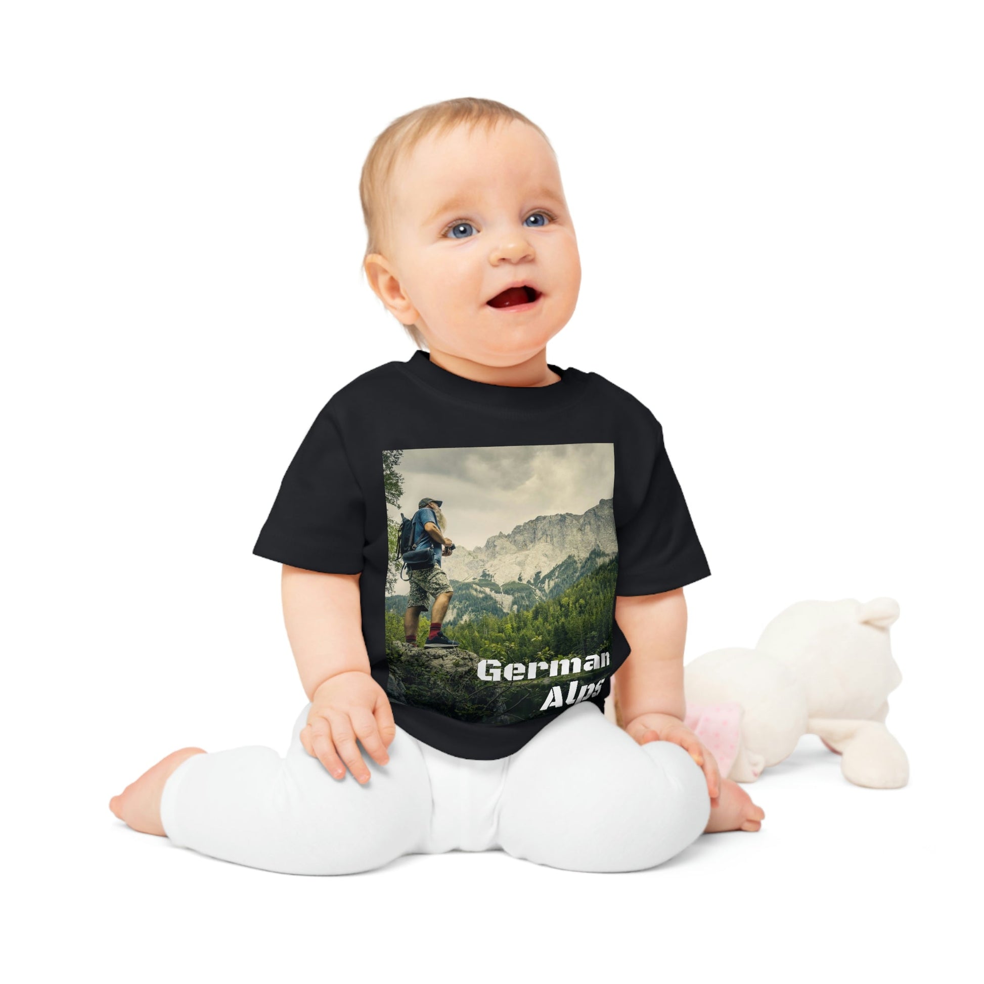 Baby Organic T-Shirt - In the German ALPS and Woman Trekker in the Alps in Back in Mt Blanc - Highest in Europe - Printed in EU - Green Forest Home