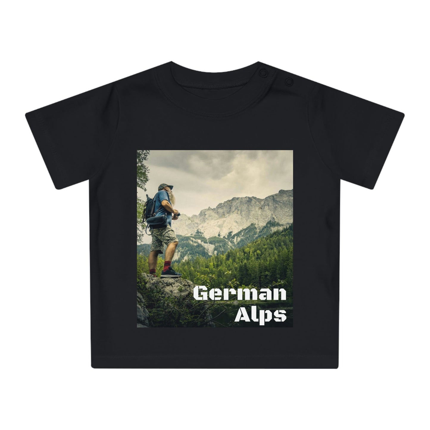 Baby Organic T-Shirt - In the German ALPS and Woman Trekker in the Alps in Back in Mt Blanc - Highest in Europe - Printed in EU - Green Forest Home