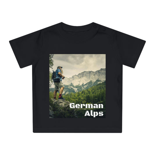 Baby Organic T-Shirt - In the German ALPS and Woman Trekker in the Alps in Back in Mt Blanc - Highest in Europe - Printed in EU - Green Forest Home