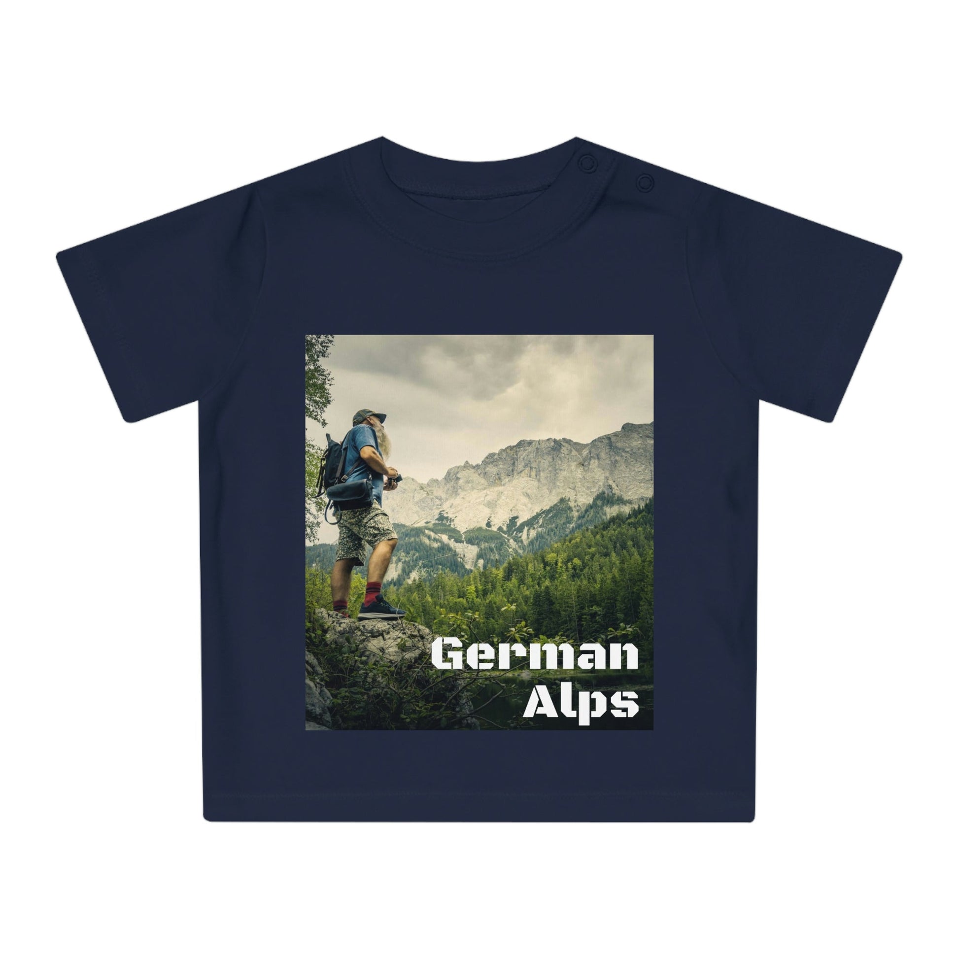 Baby Organic T-Shirt - In the German ALPS and Woman Trekker in the Alps in Back in Mt Blanc - Highest in Europe - Printed in EU - Green Forest Home