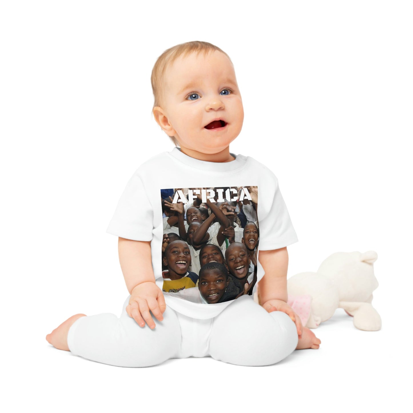 Baby Organic T-Shirt - Kids in school is Africa with JOY and hugging Kangaroos in Australia - Printed in EU - Green Forest Home