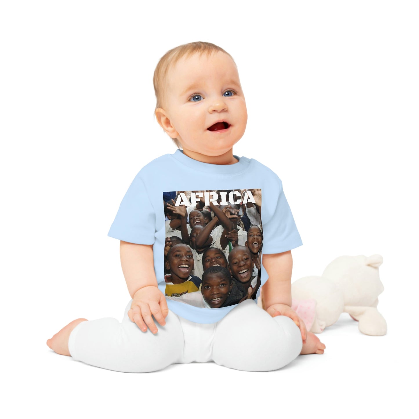 Baby Organic T-Shirt - Kids in school is Africa with JOY and hugging Kangaroos in Australia - Printed in EU - Green Forest Home