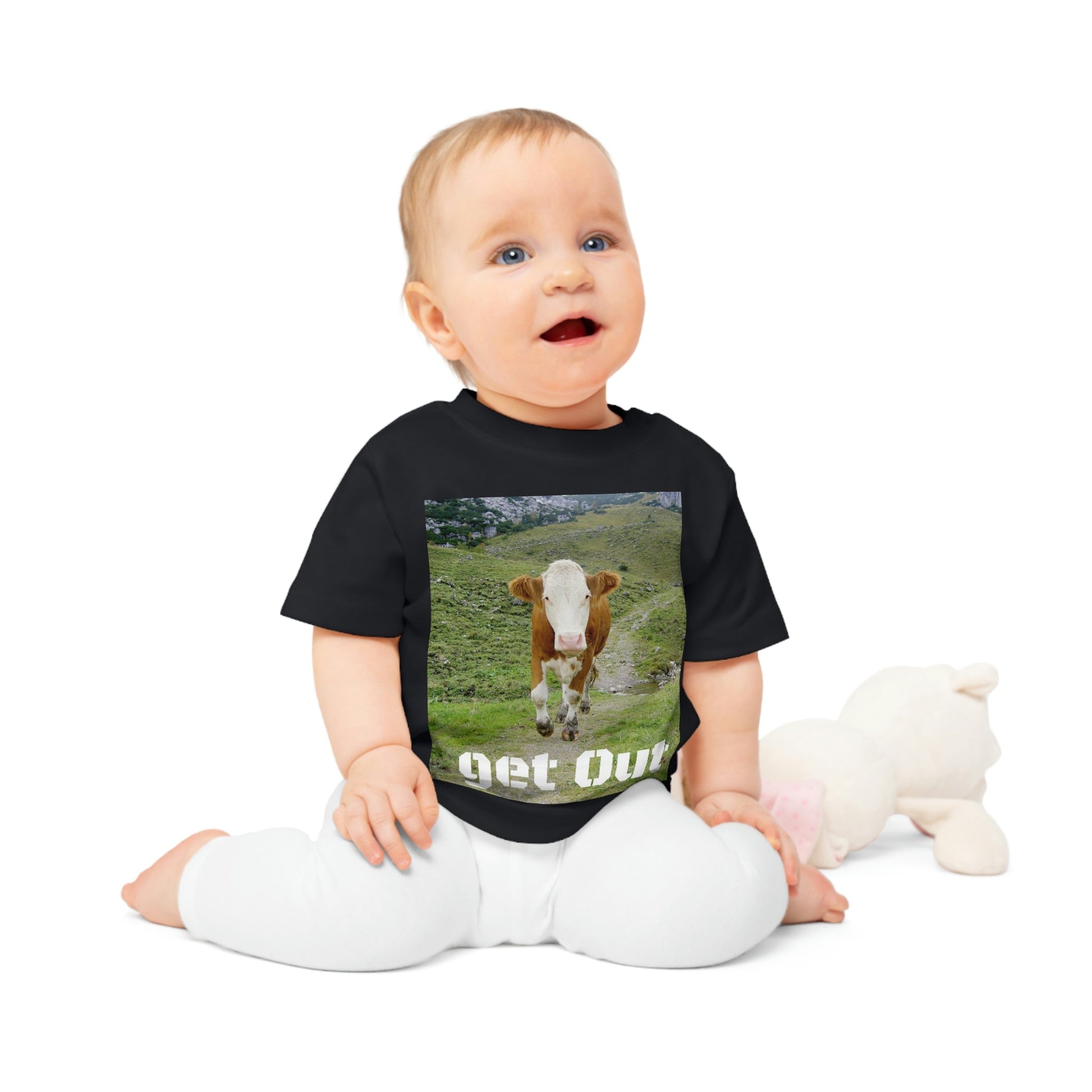 Baby Organic T-Shirt - The Cow is coming - Get Out - back and hugging Kangaroos in Australia - Printed in EU - Green Forest Home