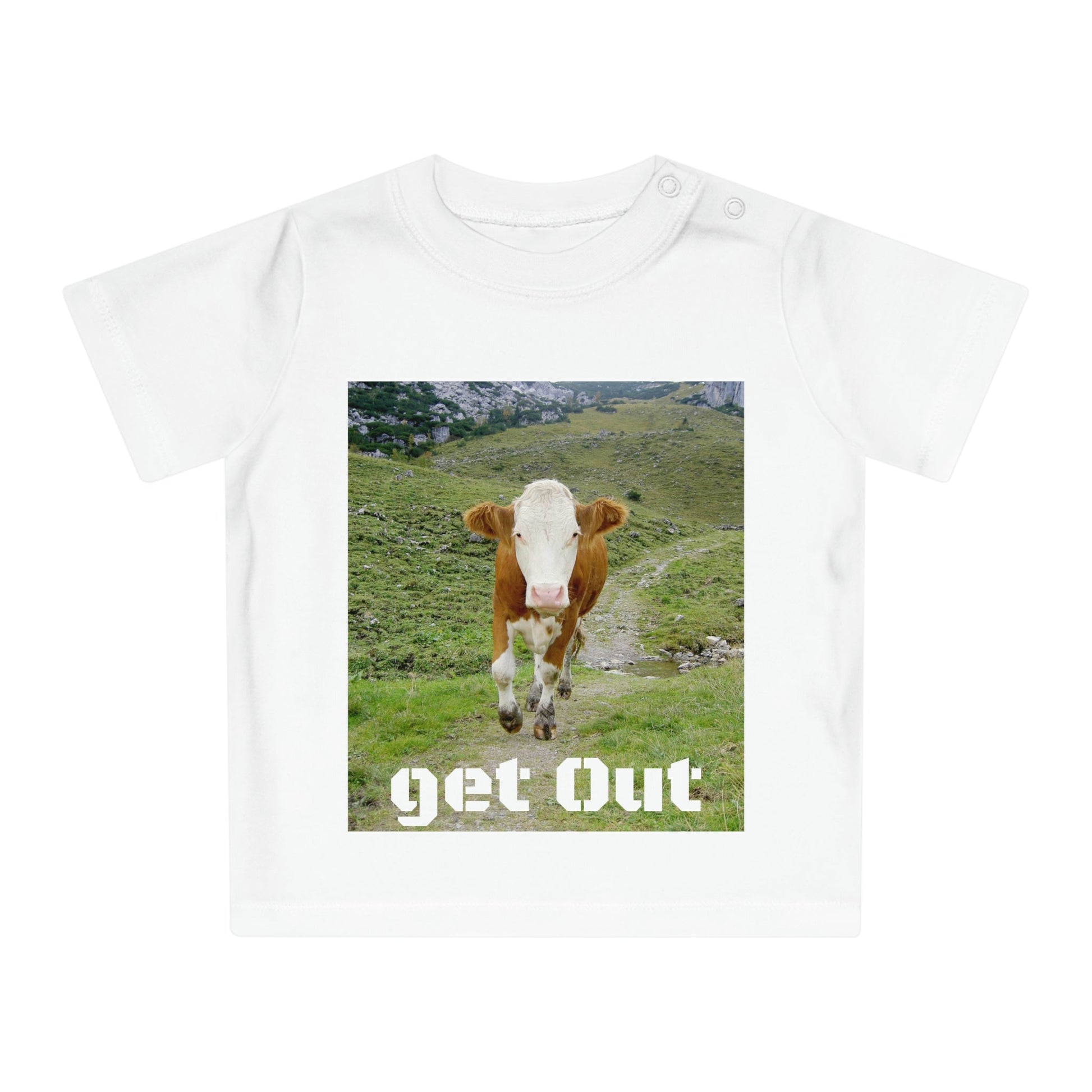 Baby Organic T-Shirt - The Cow is coming - Get Out - back and hugging Kangaroos in Australia - Printed in EU - Green Forest Home