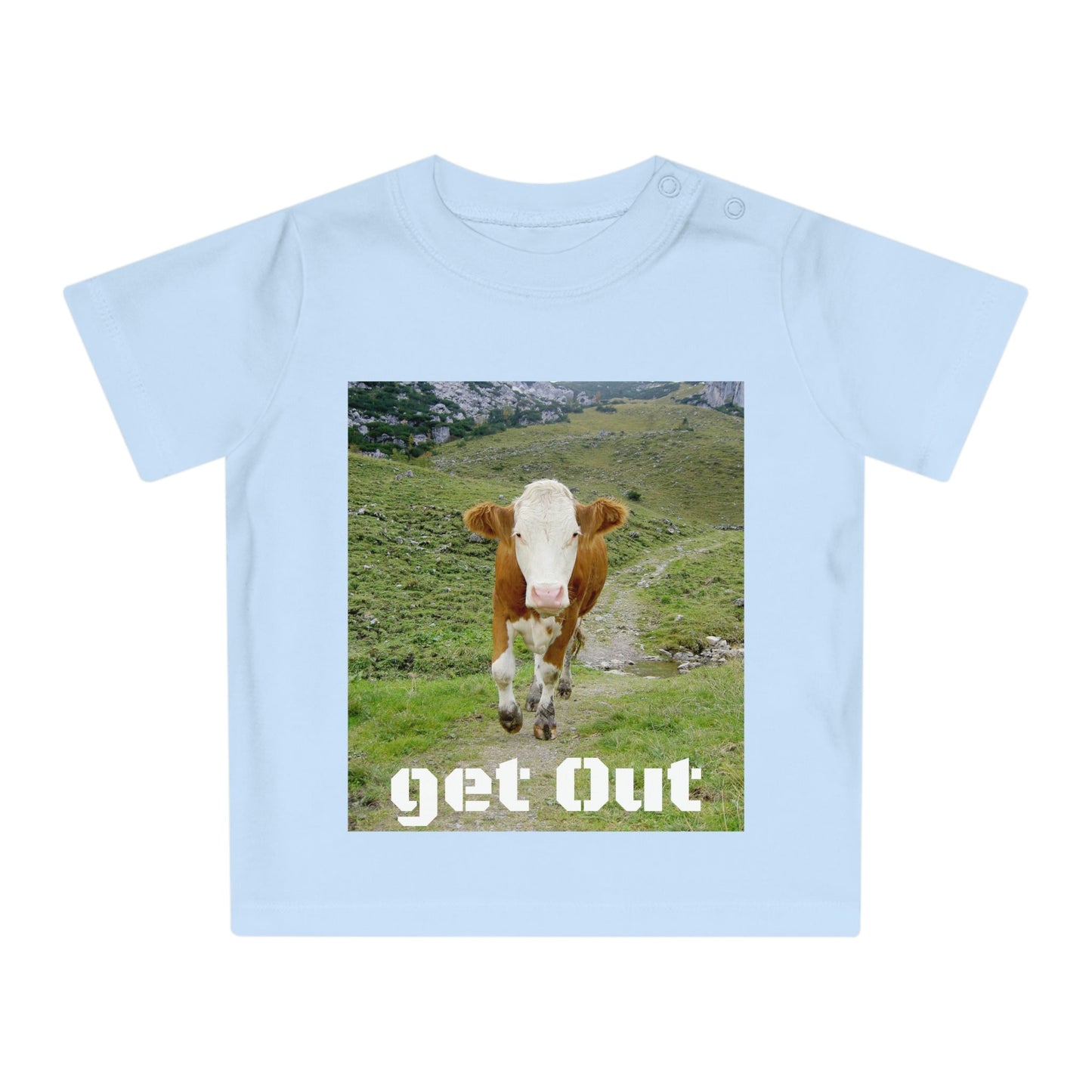 Baby Organic T-Shirt - The Cow is coming - Get Out - back and hugging Kangaroos in Australia - Printed in EU - Green Forest Home