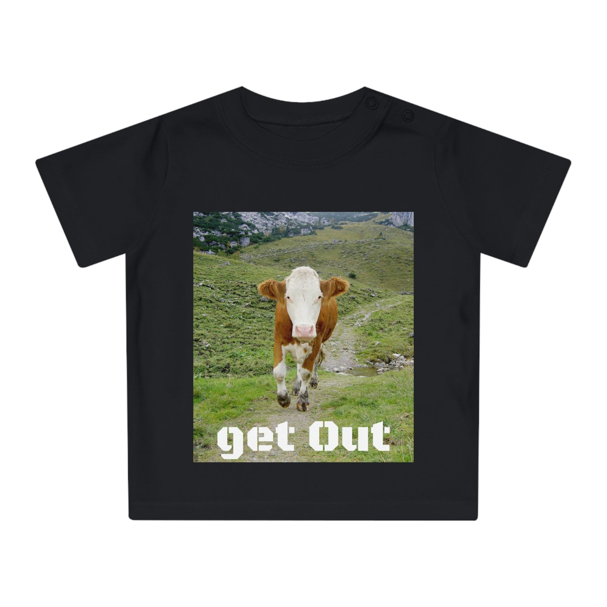 Baby Organic T-Shirt - The Cow is coming - Get Out - back and hugging Kangaroos in Australia - Printed in EU - Green Forest Home