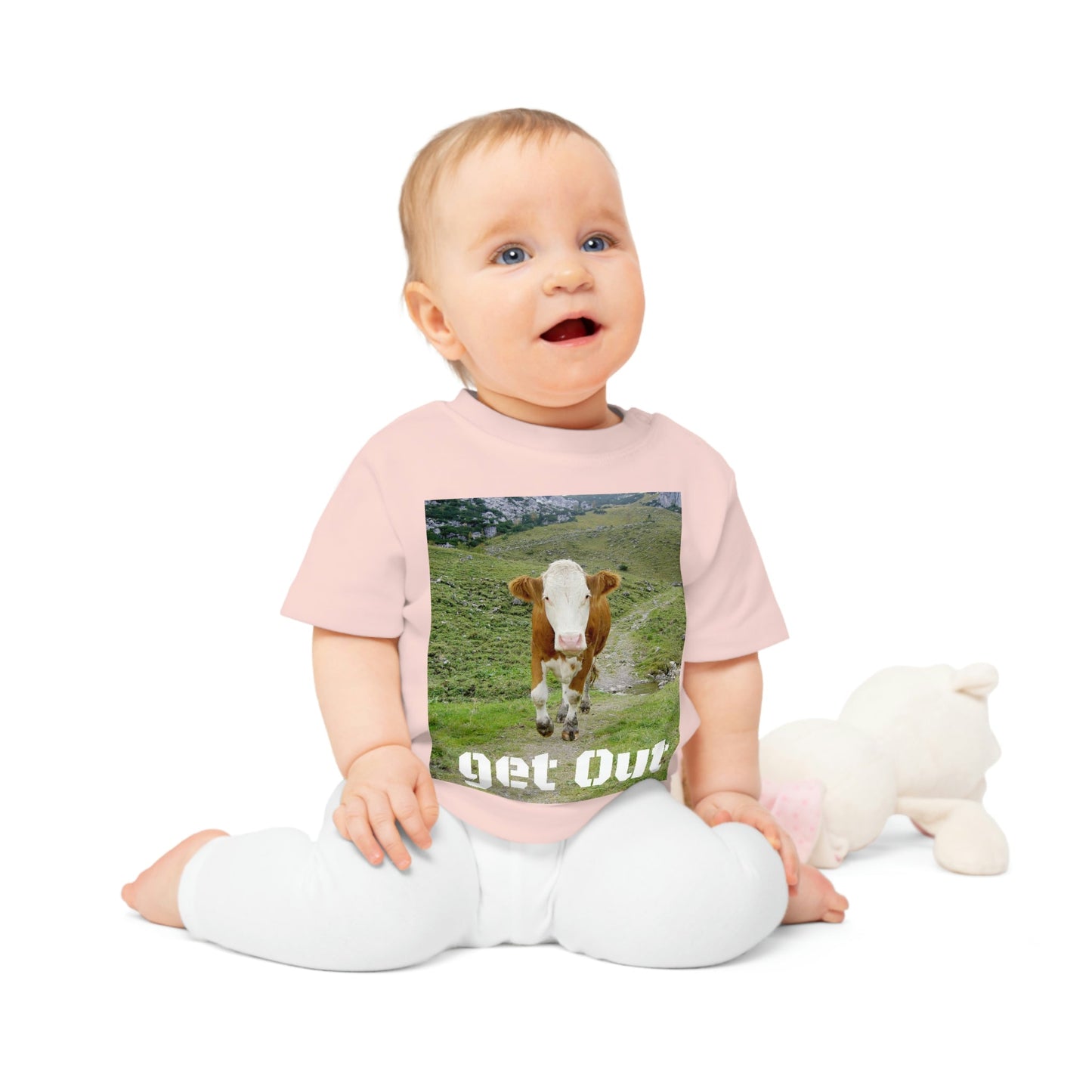 Baby Organic T-Shirt - The Cow is coming - Get Out - back and hugging Kangaroos in Australia - Printed in EU - Green Forest Home