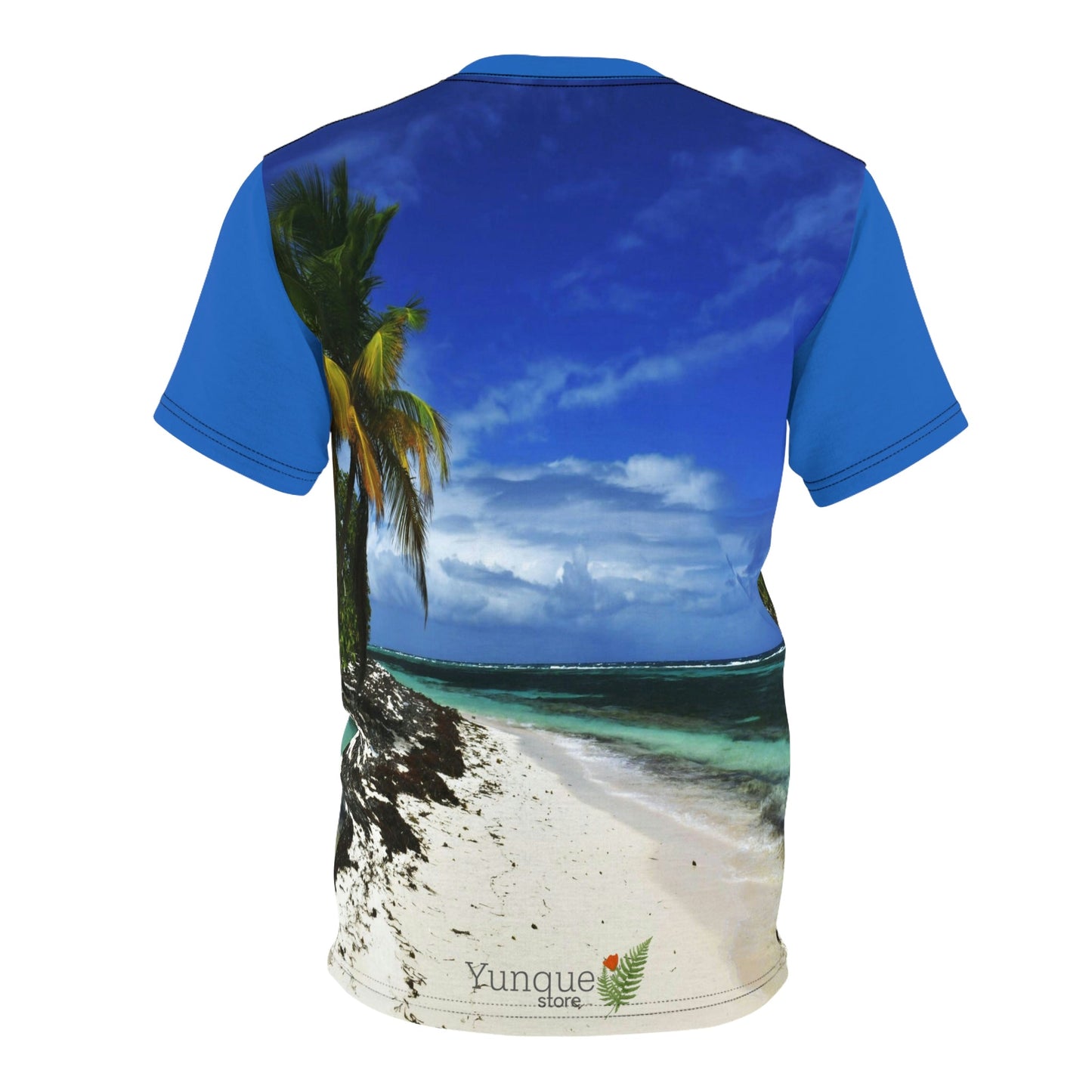 BELLO PR UNISEX AOP Cut & Sew Tee - Awesome Pajaros Beach in Mona Island - Puerto Rico - Green Forest Home