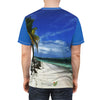 BELLO PR UNISEX AOP Cut & Sew Tee - Awesome Pajaros Beach in Mona Island - Puerto Rico - Green Forest Home